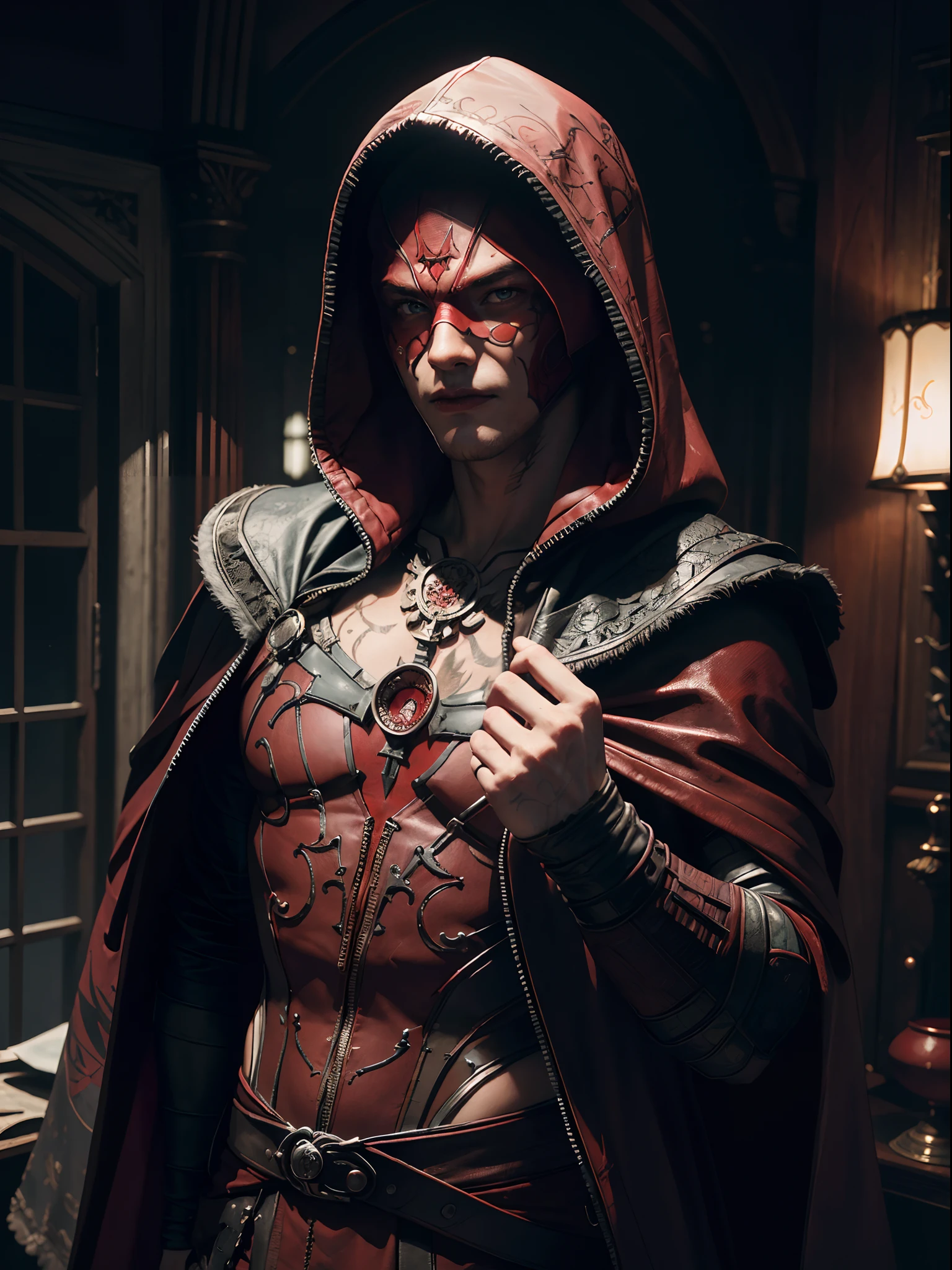 photorealistic 1man muscular with face paints, (((intricate dark red hood and cloak))), gloomy atmosphere, fog, (realistic:1.4), (by Greg Rutkowski: 1.2), (masterpiece), ((best quality)), extremely delicate and beautiful, illustration, dynamic lighting, dynamic pose upper body, (eyes, bright:1.3), From Brian Froud and Carne Griffiths and Wadim Kashin and John William Waterhouse, 8K post-production, high resolution, ((highly detailed)), depth of field, HDR, intricate,
