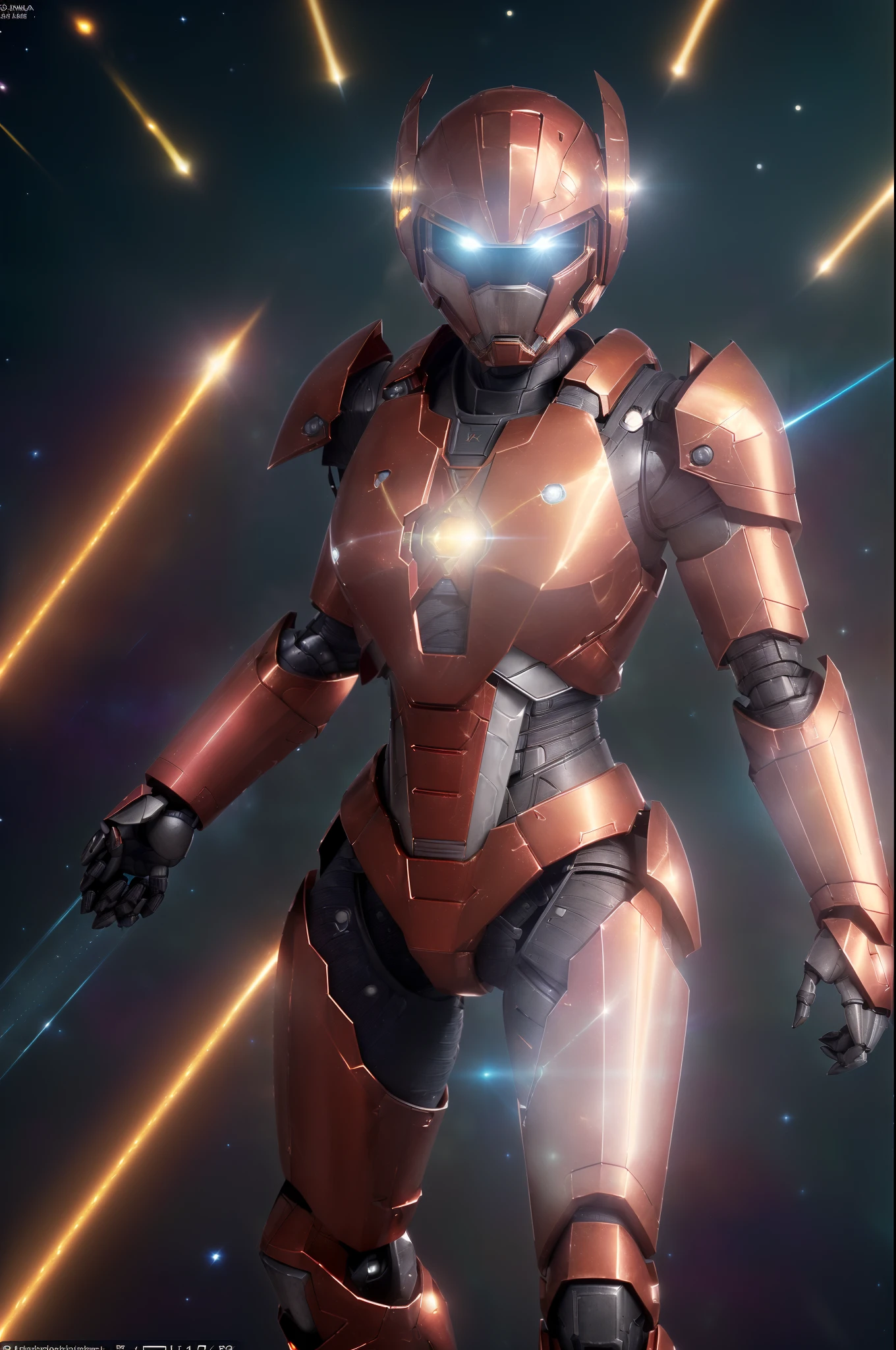 ((best quality)), ((master part:1.4)), (extremamente detalhado), (8k, alta qualidade, cinemactic, hiper-realista, illustration, absurdos, octan render, fantastical realism, cor vibrante, High detail, texturas ricas, Anatomia precisa, perfect hands, perfect feets, dedos completos, Forma natural, adequate number of members, symmetric, Impeccable, high-resolution, cheio de proFundidade, polido, estilo consistente, Design inovador, perfectly proportions, Recursos devidamente alinhados, preciso, cores harmoniosas, soft lighting, criativo, fluid movement, intrinsecamente detalhado, dynamic perspective, balanced composition, 3-dimensional, Pose natural, alto contraste), ((((corpo inteiro, Armadura de Bronze, Red panels, Hyper-detailed plan of a Galactic Gladiator Mech. Sua monumental, silhueta cromada irradiando no brilhante, Relentless starlight, its shimmering casing with the elegant reflectivity of polished metal. Aglomerados de seus circuitos branco-cometa, interwoven with shimmering energy strands woven from stardust, trilha em torno de sua Forma muscular, Brilhando no Cosmos Eterno. Sua viseira corta, Resembling flaming twin stars, ReFlex the tranquility of the interstellar void with your unshakable, olhar ardente. Vestido em denso, ((nebulosa-vermelha:1.4 armaduras)), engraved with stellar constellations and laced with silver wiring, he holds a complex photon sword, his blade thrashing with radiant gamma energy, Cobrando um assustador, Greve de estrelas. pesado, Mecha boots etched into the sky resonate with a protracted thrust on the platformStar Forged Form. It sits on the precipice of a space station, Watching over a vast galactic arena, the harsh glow of countless stars reFlexing in his armor, painting a fearsome picture in shades of Iron and crimson)))), (Cinematic lighting, luz de aro, luz da chave, luz de enchimento, luz de Fundo, luz ambiente, luz do cabelo, Luz d