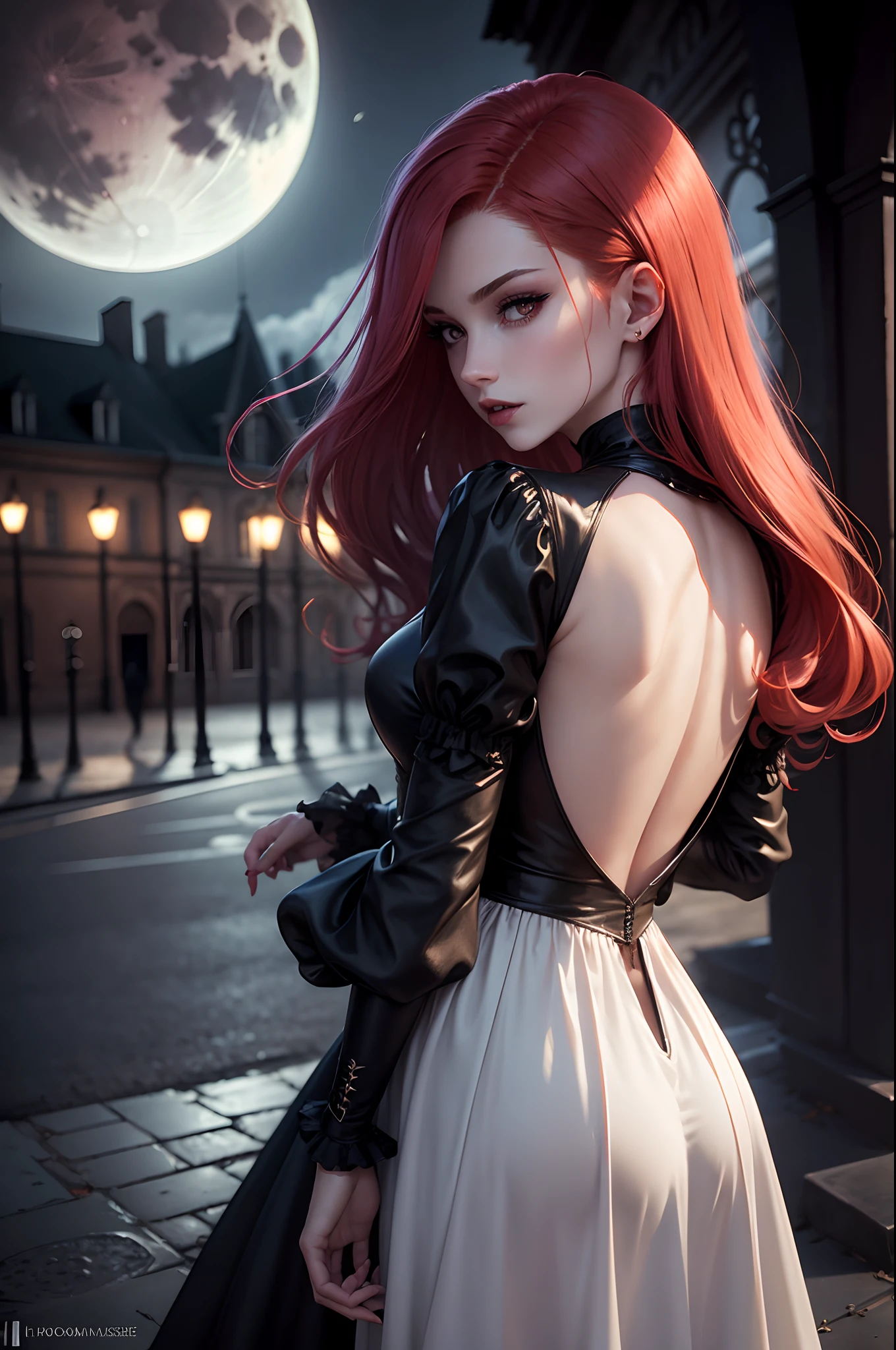 Vampire femme au premier plan, dans une ville lugubre et sombre, Observe the Moon with desire. (vampire, rousse, ville, lugubre, lune, Realstic)