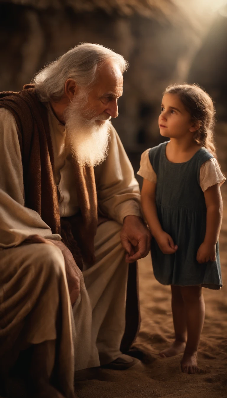 Old man talking to young daughter, Biblical characters from the New Testament of the Bible,