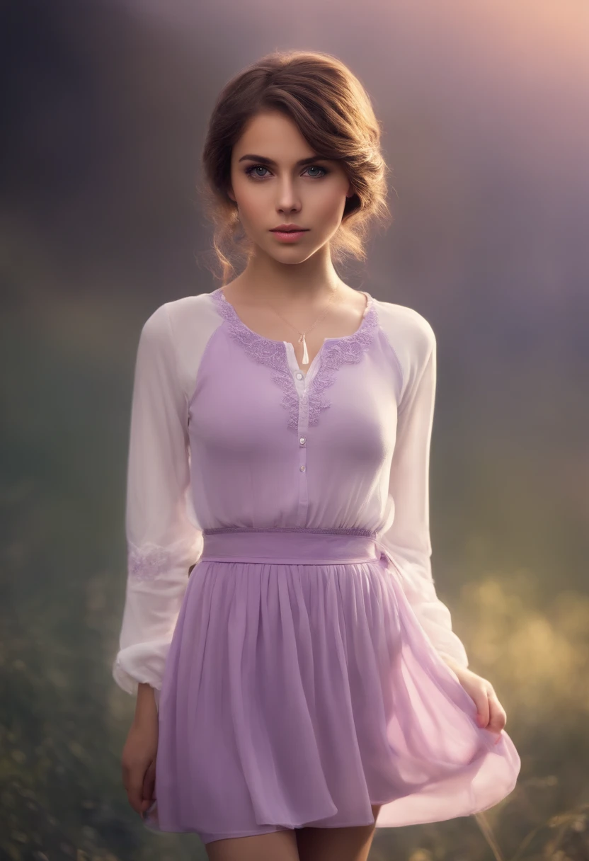 brown haired girl, doe brown eyed , detailed young  face,light skin,  face facing camera, full body view, slim and young girl, wearing a long sleeved light purple shirt  covering breast and a white skirt which is knee length  ,