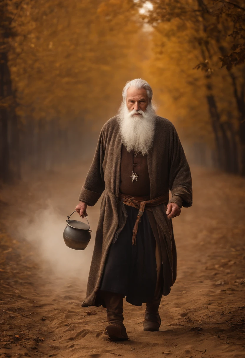 HD masterpiece, top-quality, hight resolution, 4K, Medieval, (((70-year-old male))) with the (White beard), Strong Face Features, sin camisa, ((pot-bellied)) Walking in the autumn sand . There is steam, Bulky mist, Nuit, Frost, Background : Pentagram
