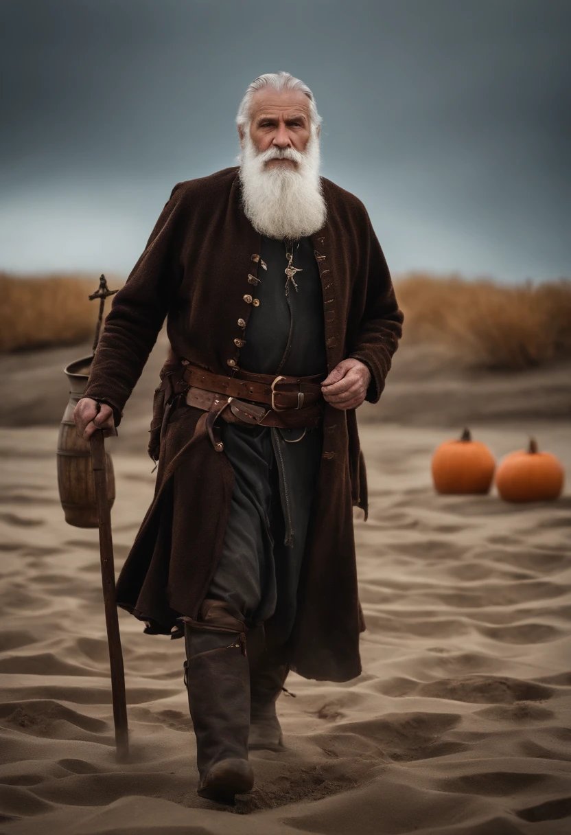 HD masterpiece, top-quality, hight resolution, 4K, Medieval, (((70-year-old male))) with  the (White beard), Strong Face Features, sin camisa, ((pot-bellied)) Walking in the autumn sand . There is steam, Bulky mist, Nuit, Frost, Background : Pentagram