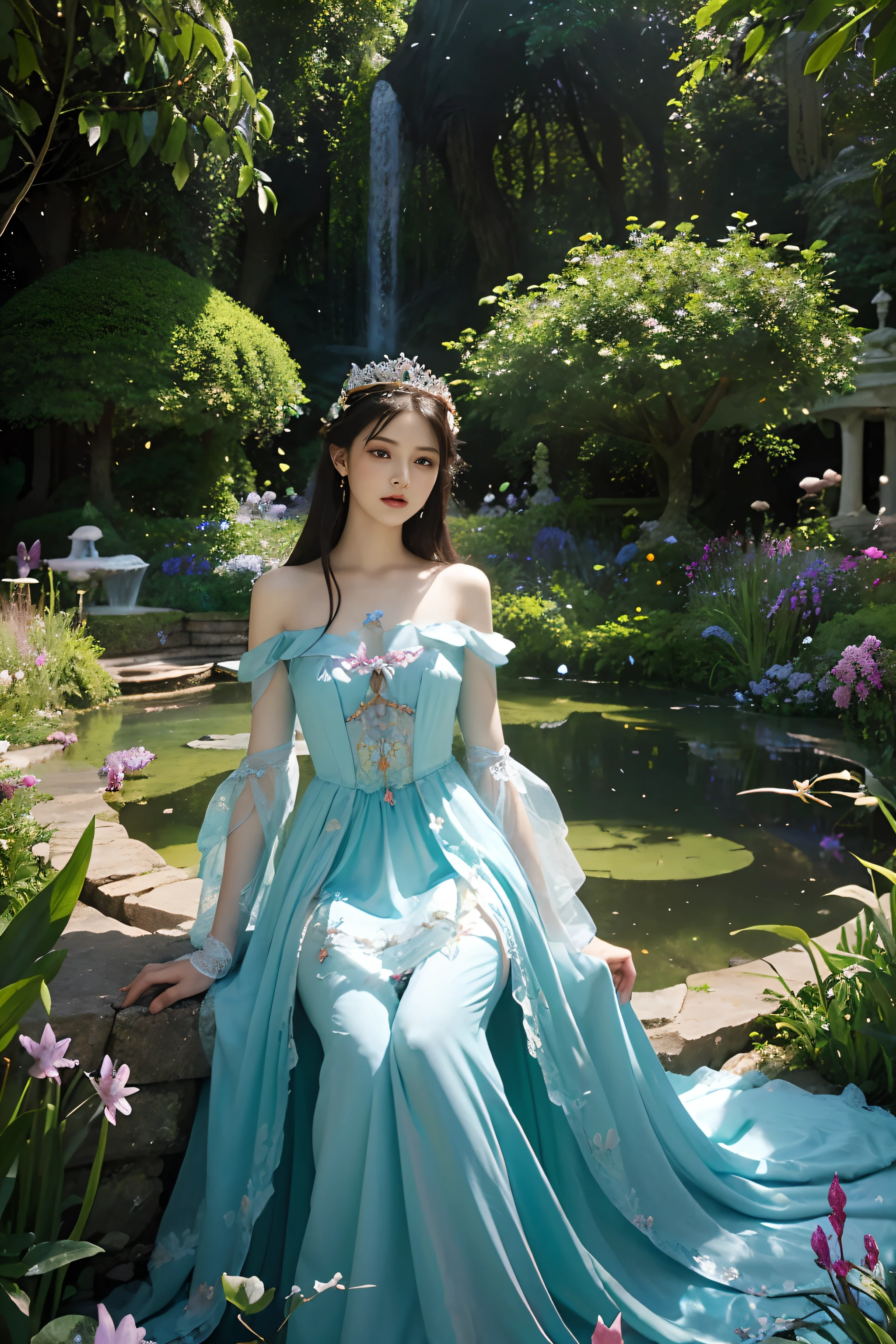 arafed image of a woman in a dress in a garden with butterflies, ethereal fairytale, Zhang Jingna, Ethereal fantasy, romanticism art style, Realisticstyle,beautiful fantasy art, fantasy painterly style, Alice X. zhang, Beautiful character painting, Fantasy Victorian art, beautiful fantasy maiden, a beautiful fantasy empress, Beautiful digital artwork, ((a beautiful fantasy empress))