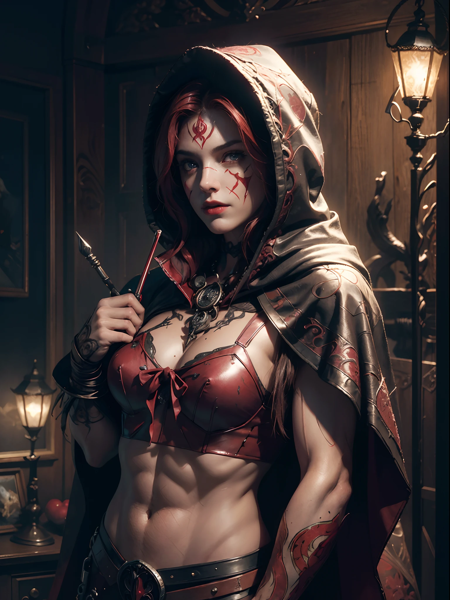 photorealistic, 1man muscular with face paints, (((intricate dark red hood and cloak))), gloomy atmosphere, fog, (fantasy:1.4), (by Greg Rutkowski: 1.2), (masterpiece), ((best quality)), extremely delicate and beautiful, illustration, dynamic lighting, dynamic pose upper body, (eyes, bright:1.3), From Brian Froud and Carne Griffiths and Wadim Kashin and John William Waterhouse, 8K post-production, high resolution, ((highly detailed)), depth of field, HDR, intricate,