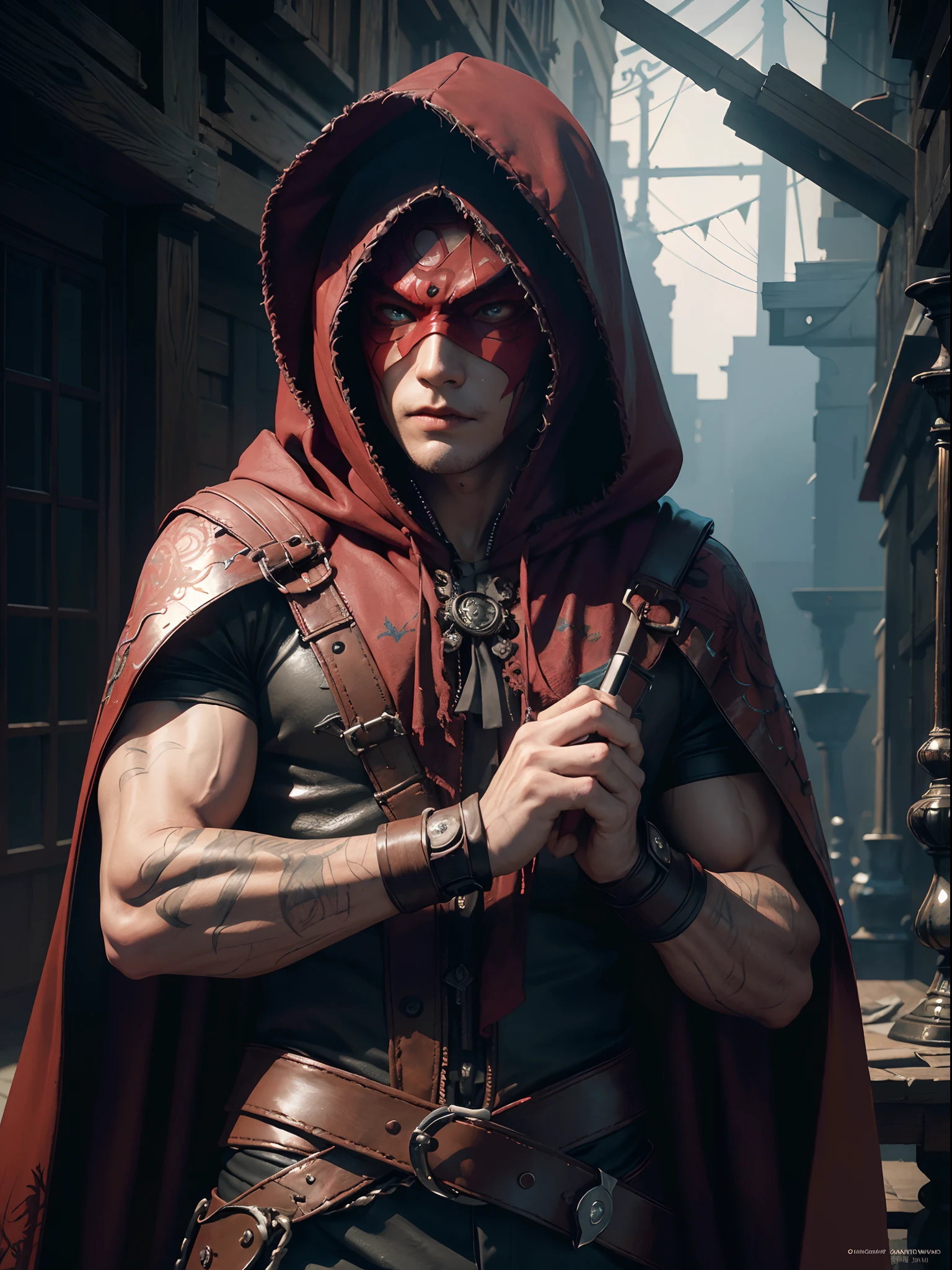 photorealistic, 1man muscular with face paints, (((intricate dark red hood and cloak))), gloomy atmosphere, fog, (fantasy:1.4), (by Greg Rutkowski: 1.2), (masterpiece), ((best quality)), extremely delicate and beautiful, illustration, dynamic lighting, dynamic pose upper body, (eyes, bright:1.3), From Brian Froud and Carne Griffiths and Wadim Kashin and John William Waterhouse, 8K post-production, high resolution, ((highly detailed)), depth of field, HDR, intricate,