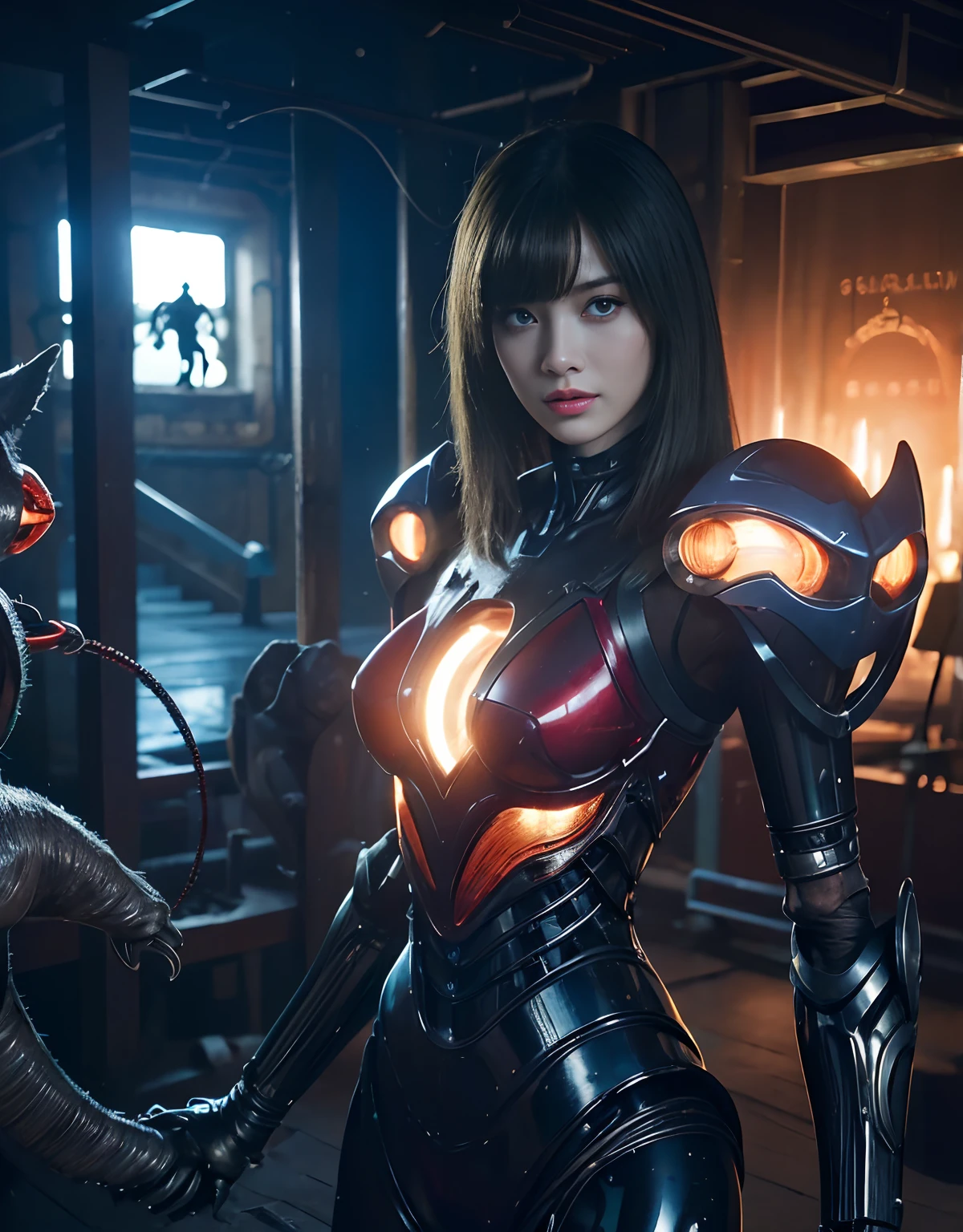 (1 Mechanical Girl)、top-quality、​masterpiece、超A high resolution、(Photorealsitic:1.4)、Raw photo、女の子1人、Fight mutants、glowy skin、(((1 Mechanical Girl)))、With a beautiful knife、（Green Metal Bodysuit）、(Kobold、ogre、Fierce battle with orcs),（Fight fiercely against aliens）、Fight fiercely、(beautiful forest background)、(Fighting Demonic Beasts)、(Small LED)、((super realistic details))、portlate、(Strong giant demon beast background),globalillumination、Shadow、octan render、8K、ultrasharp、Colossal tits、Raw skin is exposed in cleavage、metals、Details of complex ornaments、Japan details、highly intricate detail、Realistic light、(Mystical expression),CGSoation Trends、Blue eyes、radiant eyes、Facing the camera、neon details、(Mechanical limbs)、(blood vessels connected to tubes)、Mechanical vertebrae attached to the back、mechanical cervical attaching to neck、(Wires and cables connecting to the head)、Gundam、Small LED、,Mechanical thighs、Toostock、（Hands are also made of machines）、（Attack of the Monster Beasts）、（Wounded in a deadly battle）、