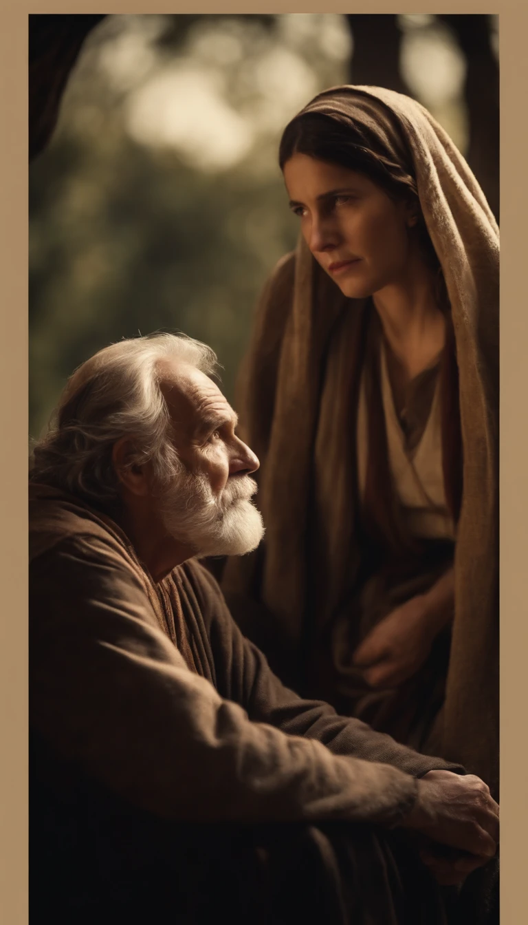 Old man talking with young daughter, Biblical characters from the New Testament of the Bible,