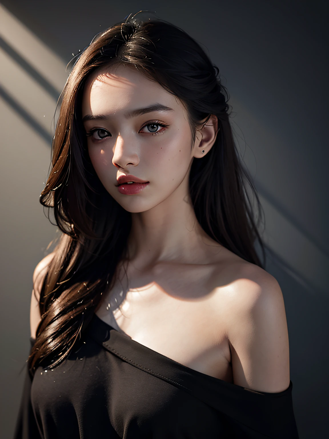 Best quality, masterpiece, ultra high res, (photorealistic:1.4), raw photo, 1girl, offshoulder, in the dark, deep shadow, low key, cold light