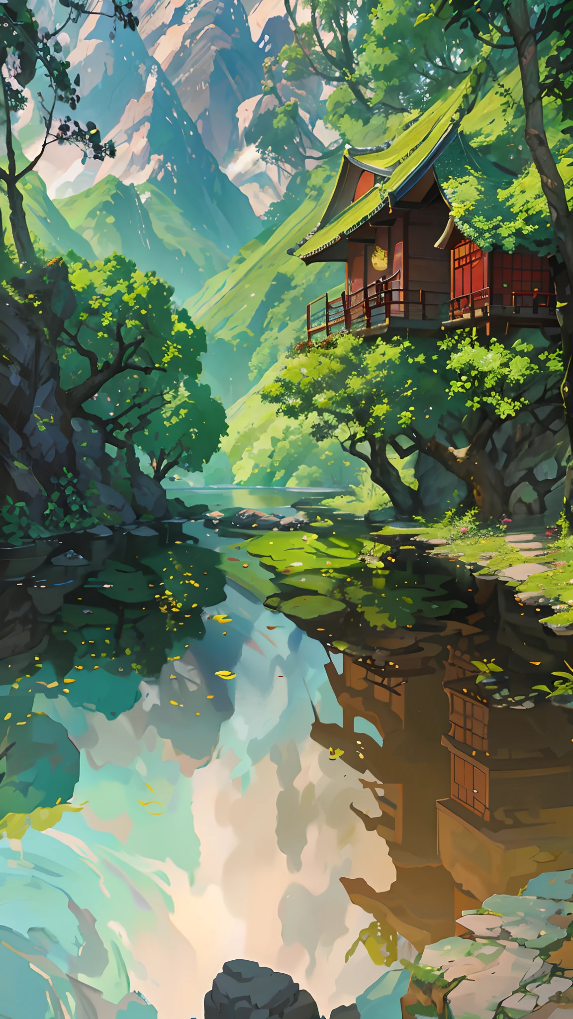 Chinese ancient times, spring, jungle, lake, cave, waterfall, tree, meadow, rock, deer, hot spring, water vapor, (illustration: 1.0), epic composition, realistic lighting, HD details, masterpiece, best quality, (very detailed CG unified 8k wallpaper)
