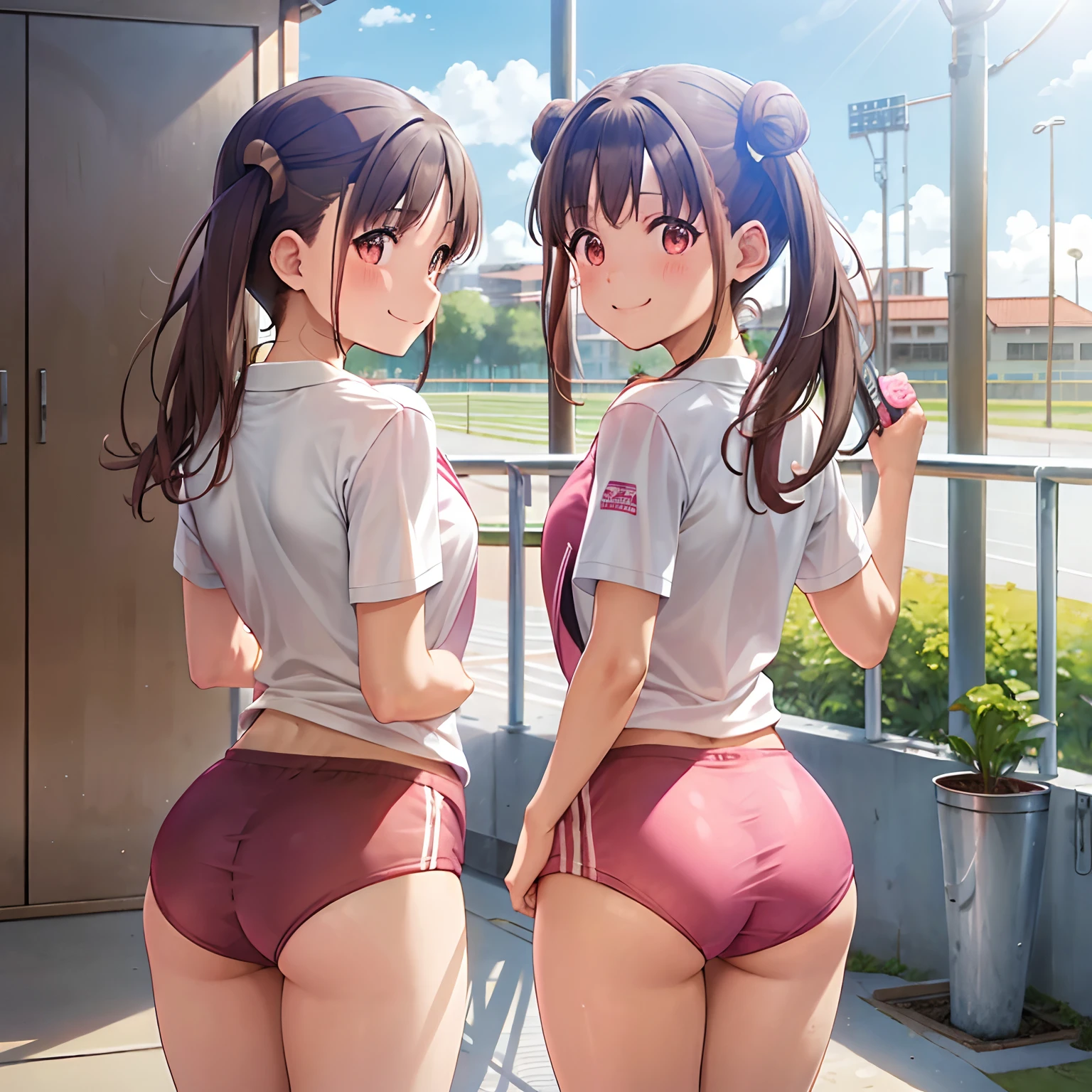 Brown hair、Small twin tails、The long-haired、Ass.((Track and field uniform))、Pink bloomers、a park、、Pink Panties、perfect bodies、Soio、A smile、Gymnastics、