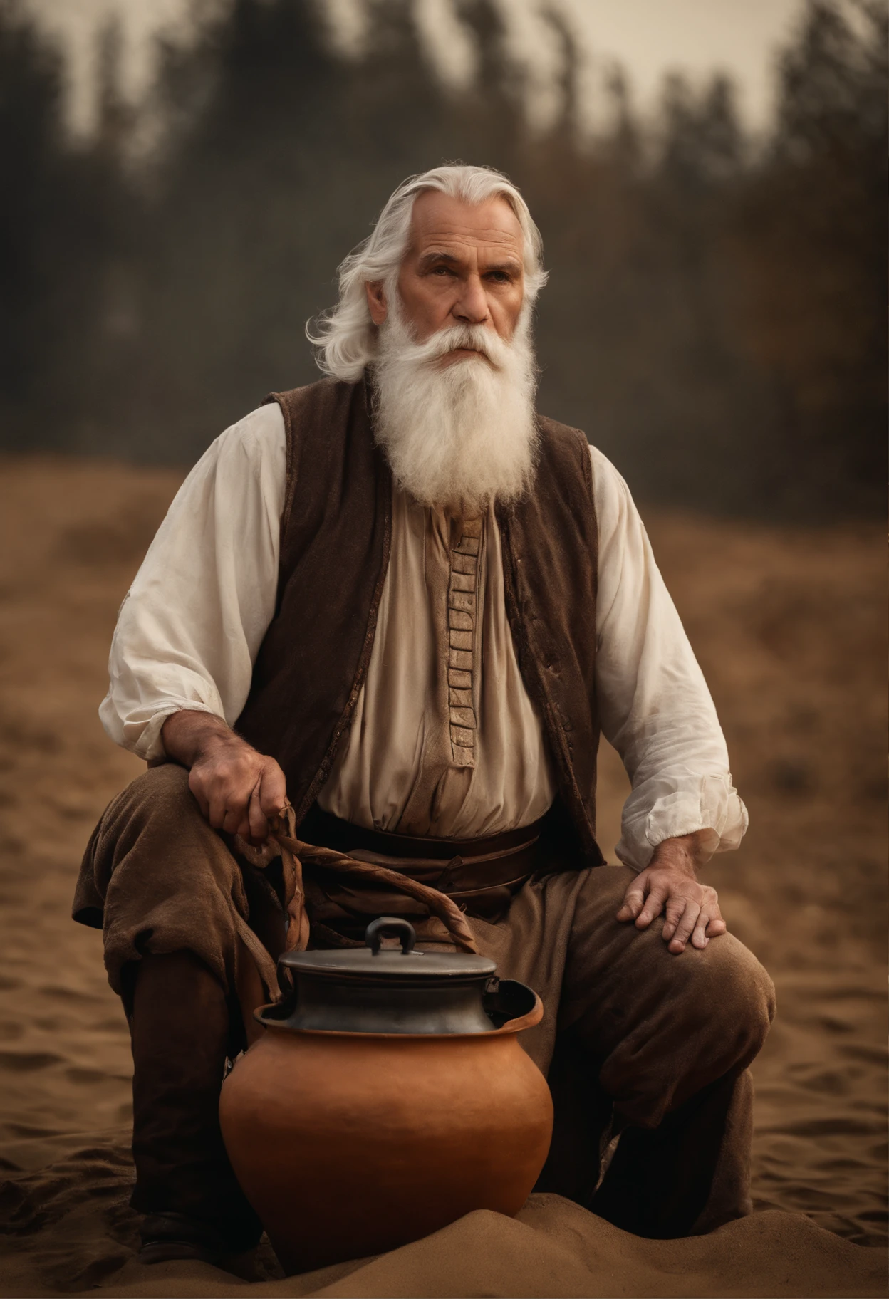 HD masterpiece, top-quality, hight resolution, 4K, Medieval, (((70-year-old male))) with the (White beard), Strong Face Features, sin camisa, ((pot-bellied)) Walking in the autumn sand . There is steam, Bulky mist, Nuit, Frost, Background : Pentagram