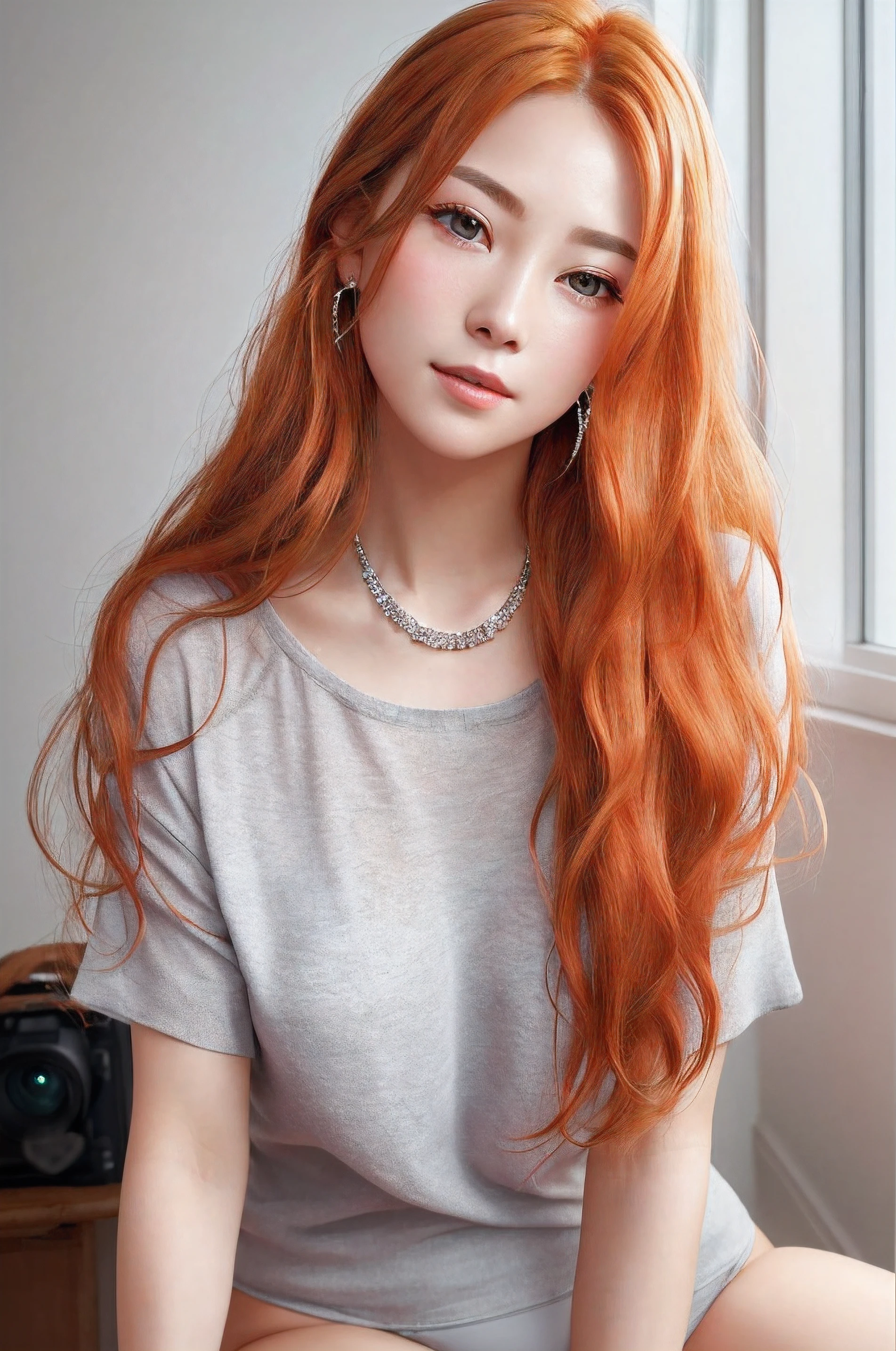 1girl in, Solo, Underwear, Sitting, Panties, pantyhose, (8K、Raw photography、top-quality)、(Magnificent Real:1.5)、girl with, Dynamic Posture, Erotic face, Blouse, (A detailed eye:0.8), (look at a camera:1.4), (top-quality), (Best Shadows), Cinematic, ((The skin:1.4)), interiors, (Long flowing ginger hair:1.3), Dark Studio, (nffsw:1.5), detaileds, Subdued Color, hitornfreckles, Silver necklace, silver earing、long, flowing, Wavy Hair、smooth hair、 Let your hair down、Pulling the hair back
