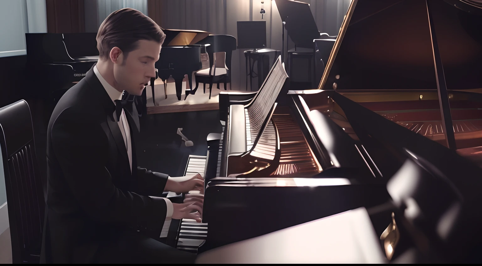 There is a man playing the piano in the room, Attractive man playing the piano, Attractive man playing the piano, piano in the background, Portrait of energetic jazz piano, pianist, playing piano, What's playing, still from a music video, a grand piano, youtube video screenshot, performing, piano, on a dark background