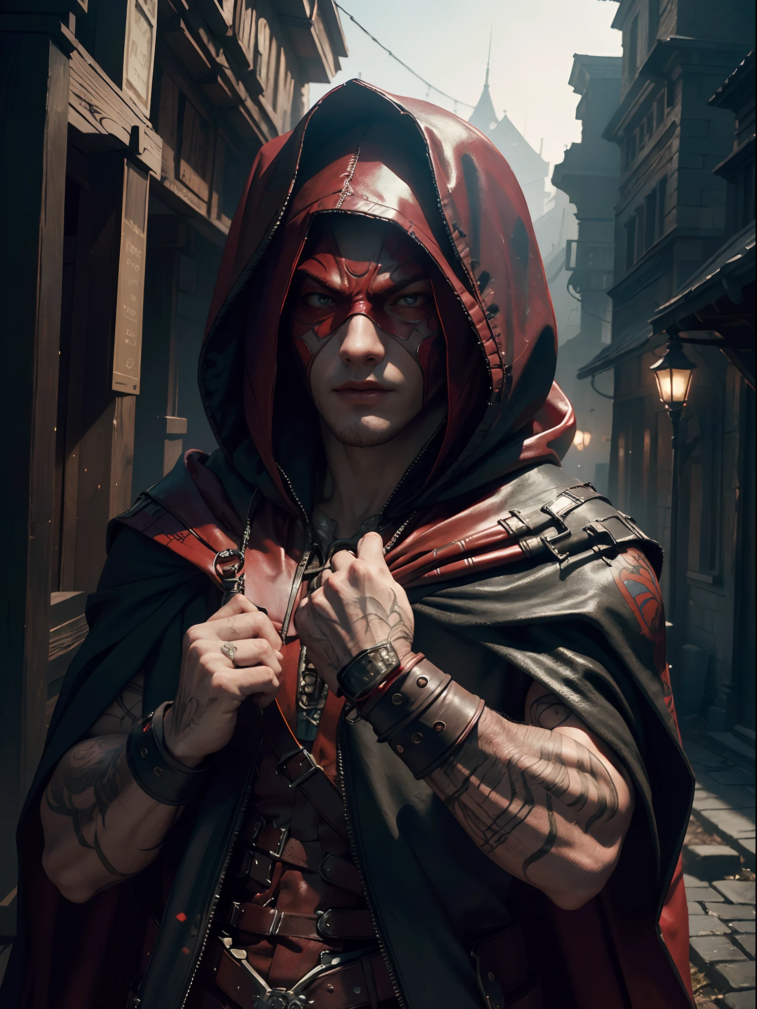 photorealistic, 1man muscular with face paints, (((intricate dark red hood and cloak))), gloomy atmosphere, fog, (fantasy:1.4), (by Greg Rutkowski: 1.2), (masterpiece), ((best quality)), extremely delicate and beautiful, illustration, dynamic lighting, dynamic pose upper body, (eyes, bright:1.3), From Brian Froud and Carne Griffiths and Wadim Kashin and John William Waterhouse, 8K post-production, high resolution, ((highly detailed)), depth of field, HDR, intricate,