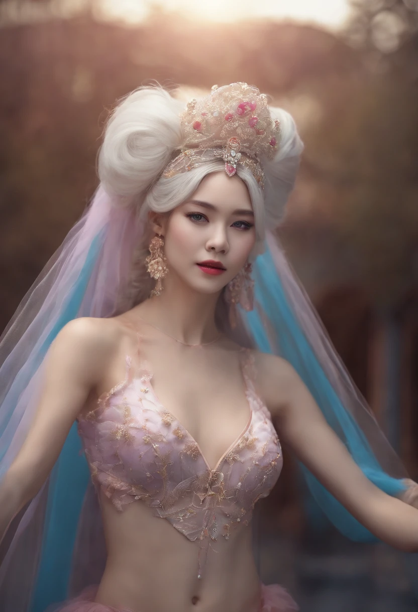 asian face, long white hair in a ponytail, blue eyes, big breasts, full body shot, bright pink super fancy lingerie, one woman, looking at viewer, masterpiece, ray tracing, best quality, sharp focus, ultra detailed, high resolution, 8k, UHD, beautiful detailed eyes, ultra-detailed, ((masterpiece)), ((best quality)), elaborate features, extremely detailed, extremely detailed face, perfect, bedroom background