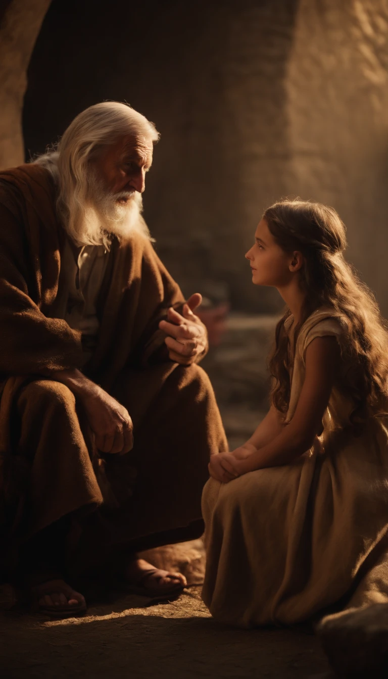 Old man talking with young daughter, Biblical characters from the New Testament of the Bible,