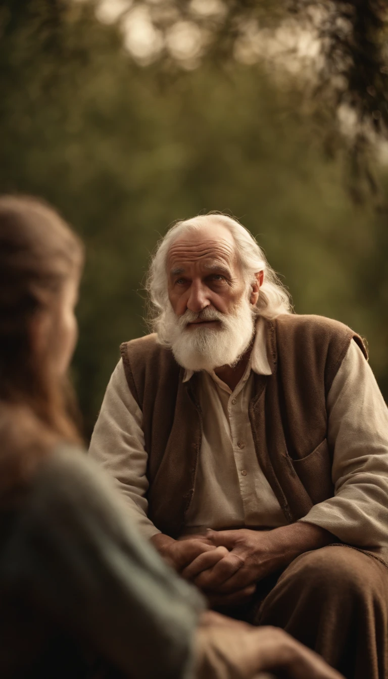 Old man talking with young daughter, Biblical characters from the New Testament of the Bible,