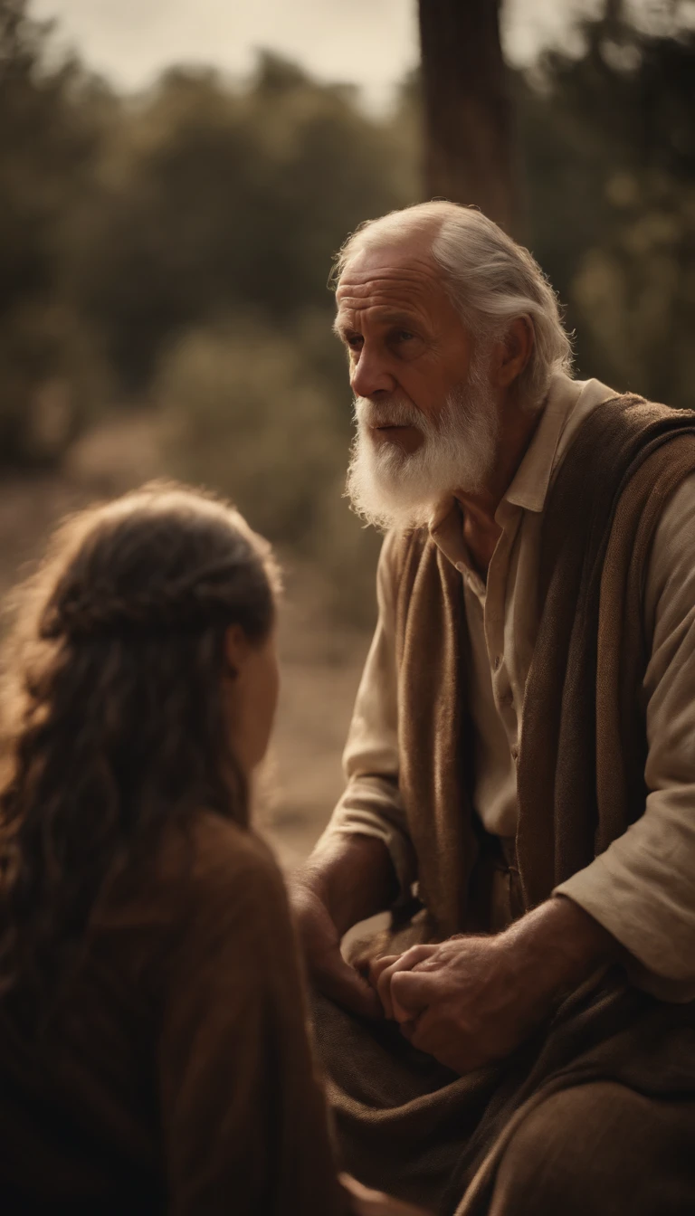 Old man talking with young daughter, Biblical characters from the New Testament of the Bible,