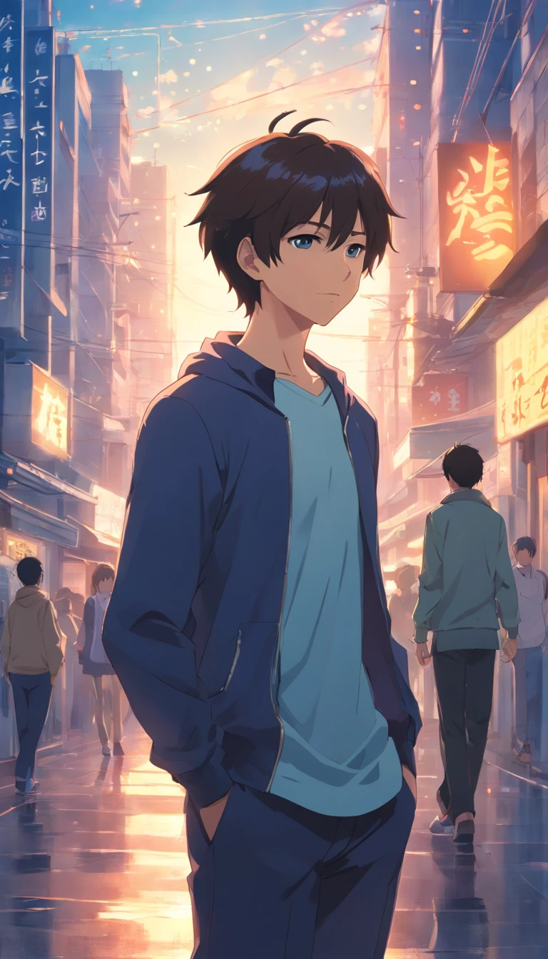 masterpiece、Adults、30Uncle of the generation、twinks、Forehead、30-years old、A dark-haired、Black jacket、Black pants、white t-shirts、Give bangs、Sticking out your forehead、twinks、Eyes drawn in detail、a handsome、Inside the city、starrysky、Mystical light、Dramatic light、Cinematic power、