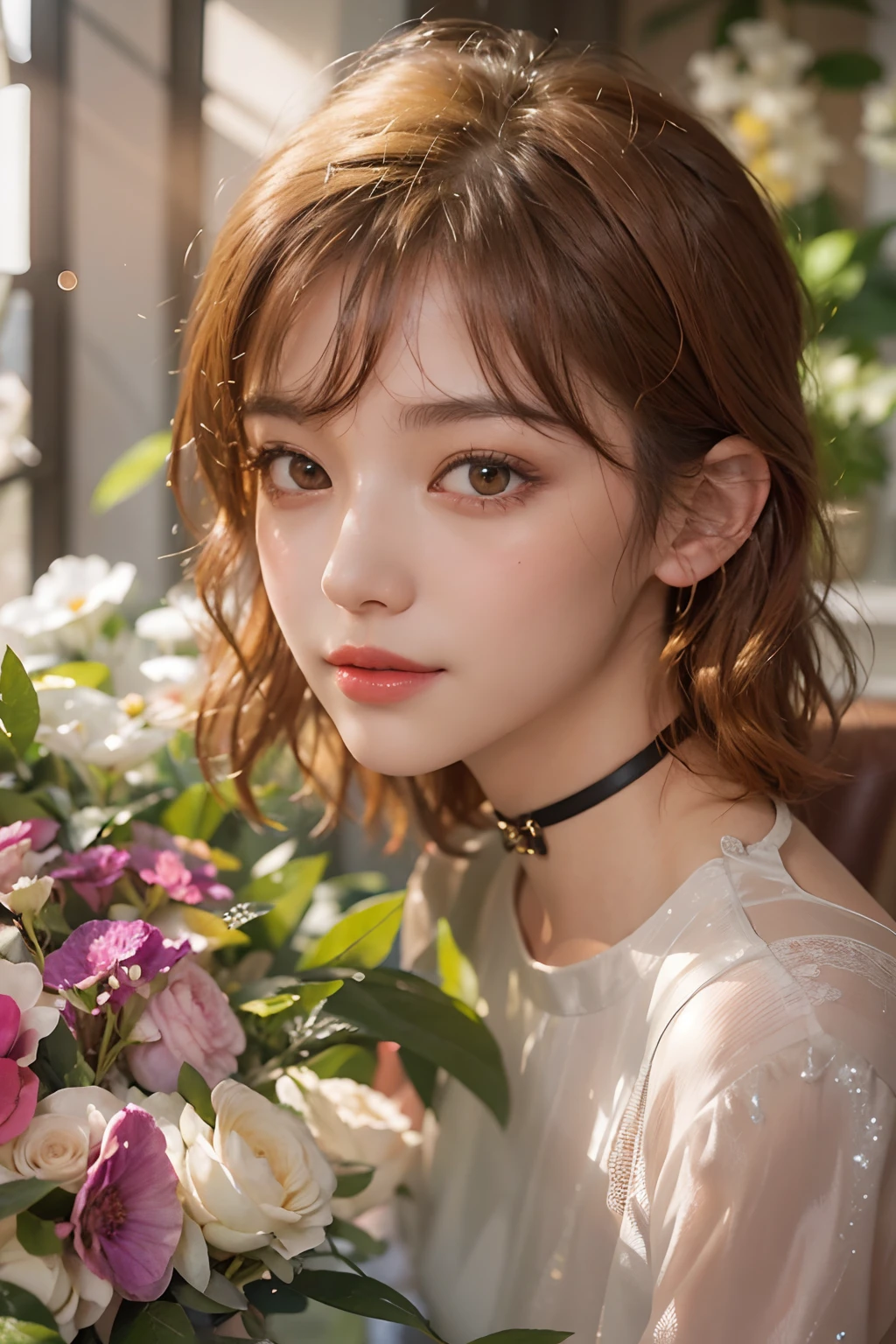 Cute woman in the drizzle, (elegant, Beautiful Face), Transparent white dress, Forest Moss, (freckles:0.8), Flower Field, , Curly Red Hair, Magical atmosphere, (short hair), ((Detailed skin, Skin Texture)), Ultra-detailed, (Exquisitely crafted, Fine details, Ultra-detailed), Ray Tracing, Scattered beneath the surface, (Fantasy underworld in the background), Diffused and soft lighting, Shallow depth of field, by (by Oliver Wetter), Sharp focus blur, (Realistic photo quality:1.4)