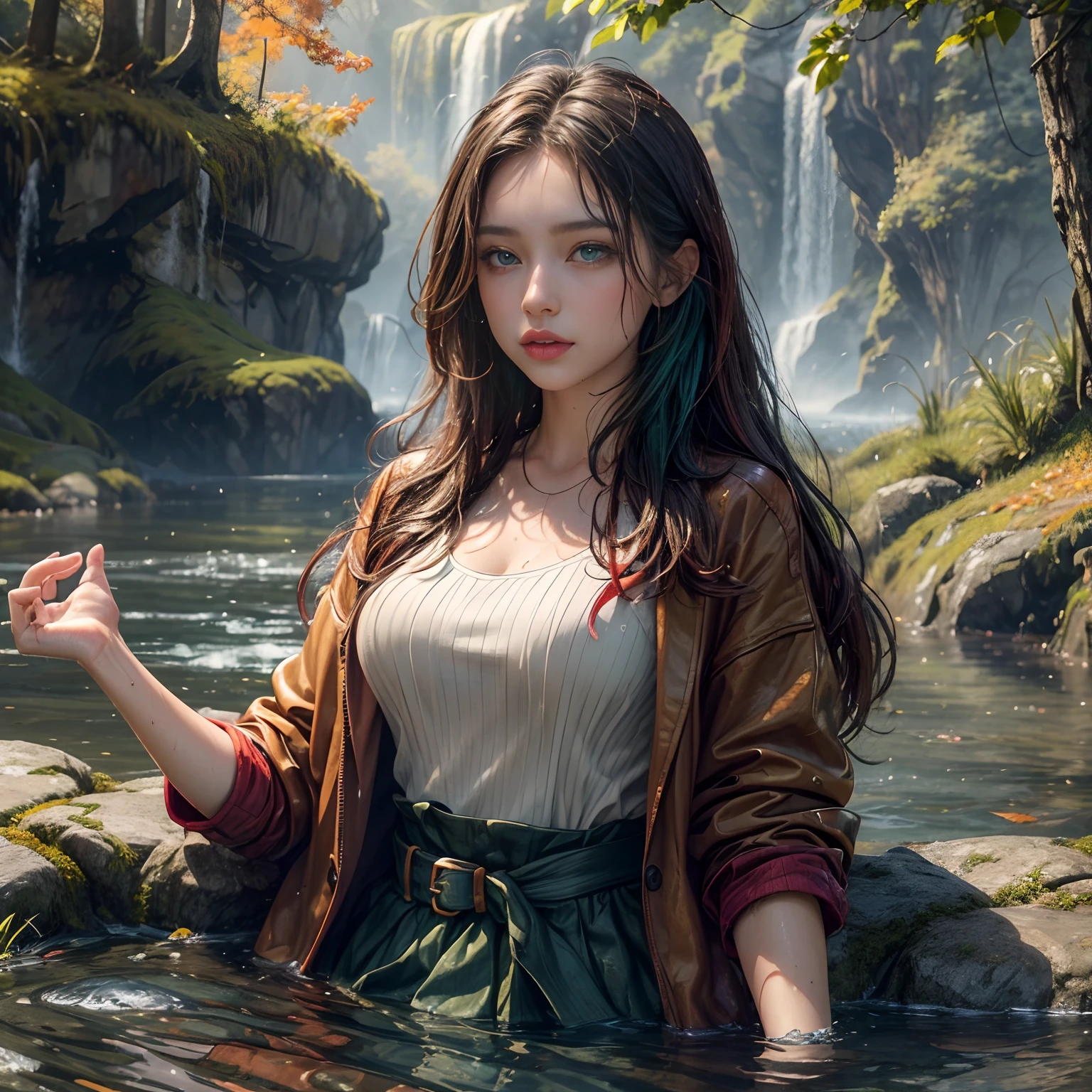 masterpiece, best quality, autumn outfit, colorful hair, outdoor,upper body, colorful autumnal clothes, ((fully clothed)), warm clothes, wet clothes, soaked, drenched, excited, wet hair, wet and slimy, water up to her chest, submerged, translucent, fantasy environment, fantastical, vivid colors, varied poses, detailed green eyes,