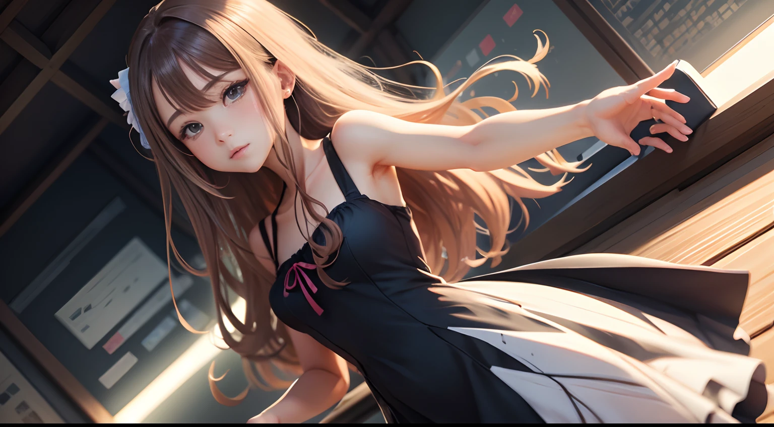 master piece , best quality , detailed , woman , bangs , dresses , standing , hands up , armpit , (from side) , beach, Shiny platinum blonde silk super long straight hair, beautiful shiny bangs, big clear sky blue eyes, very beautiful bright eye highlights, Embarrassing, Blushing