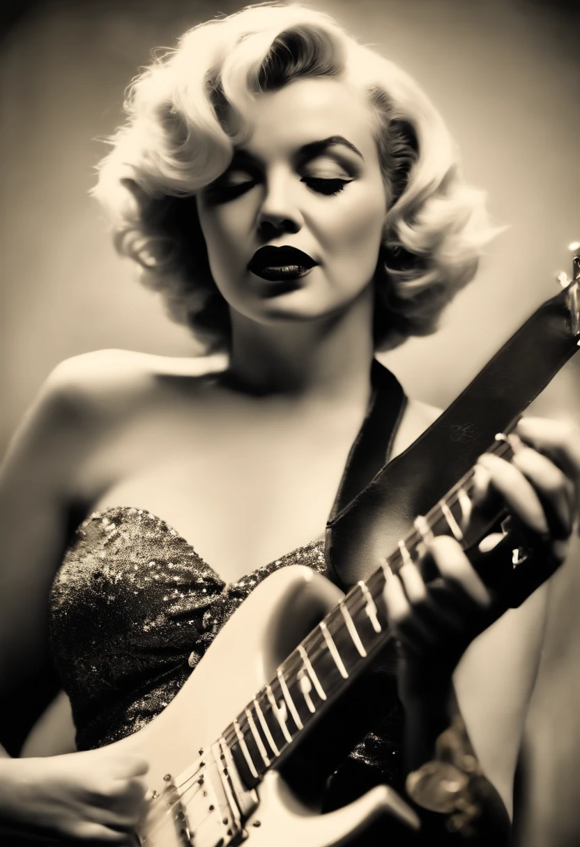 Marilyn Monroe plays electric guitar, color, intricate, perfect face , highly detailed, cinematic