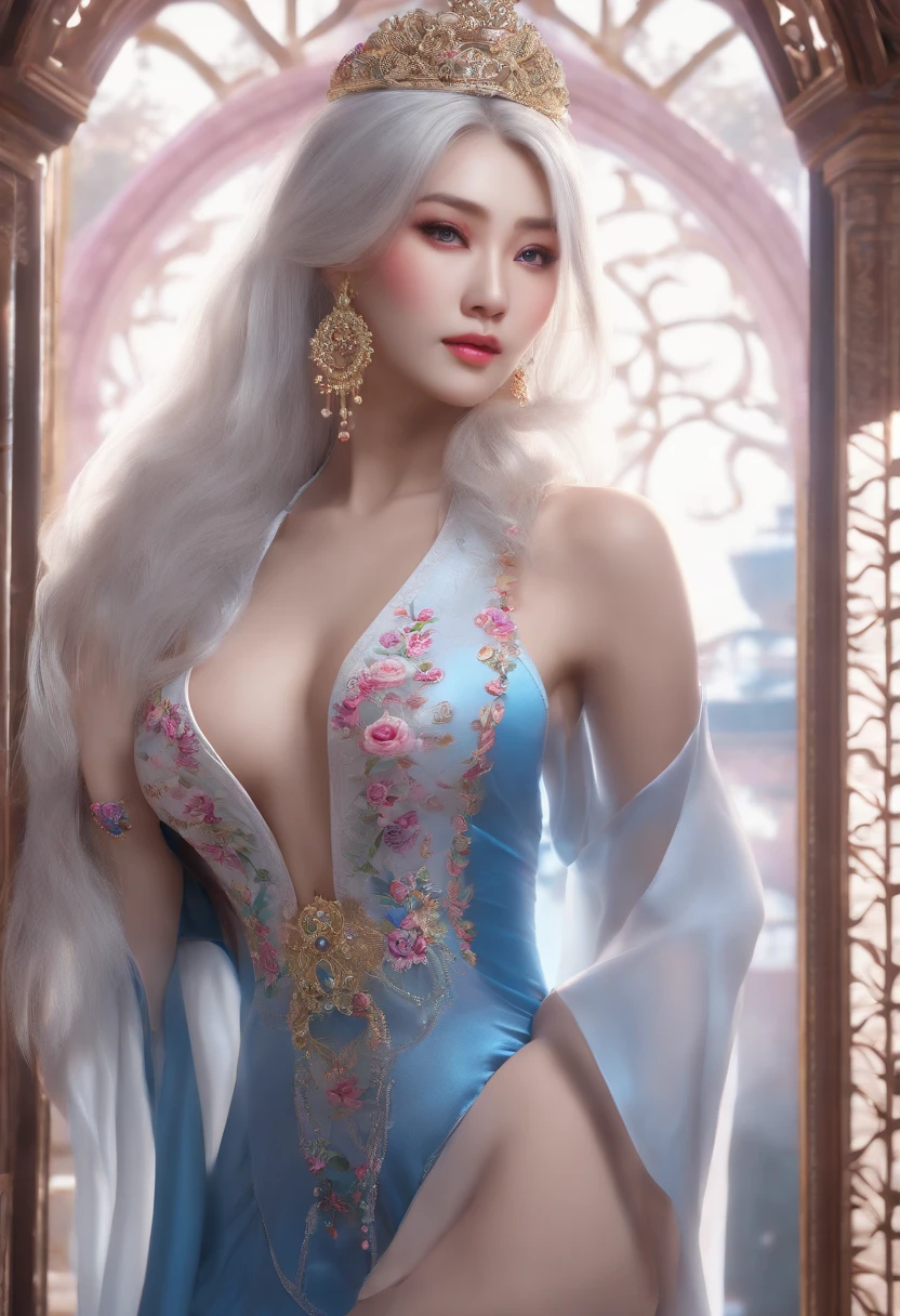 asian face, long white hair in a ponytail, blue eyes, big breasts, full body shot, bright pink super fancy lingerie, one woman, looking at viewer, masterpiece, ray tracing, best quality, sharp focus, ultra detailed, high resolution, 8k, UHD, beautiful detailed eyes, ultra-detailed, ((masterpiece)), ((best quality)), elaborate features, extremely detailed, extremely detailed face, perfect, bedroom background