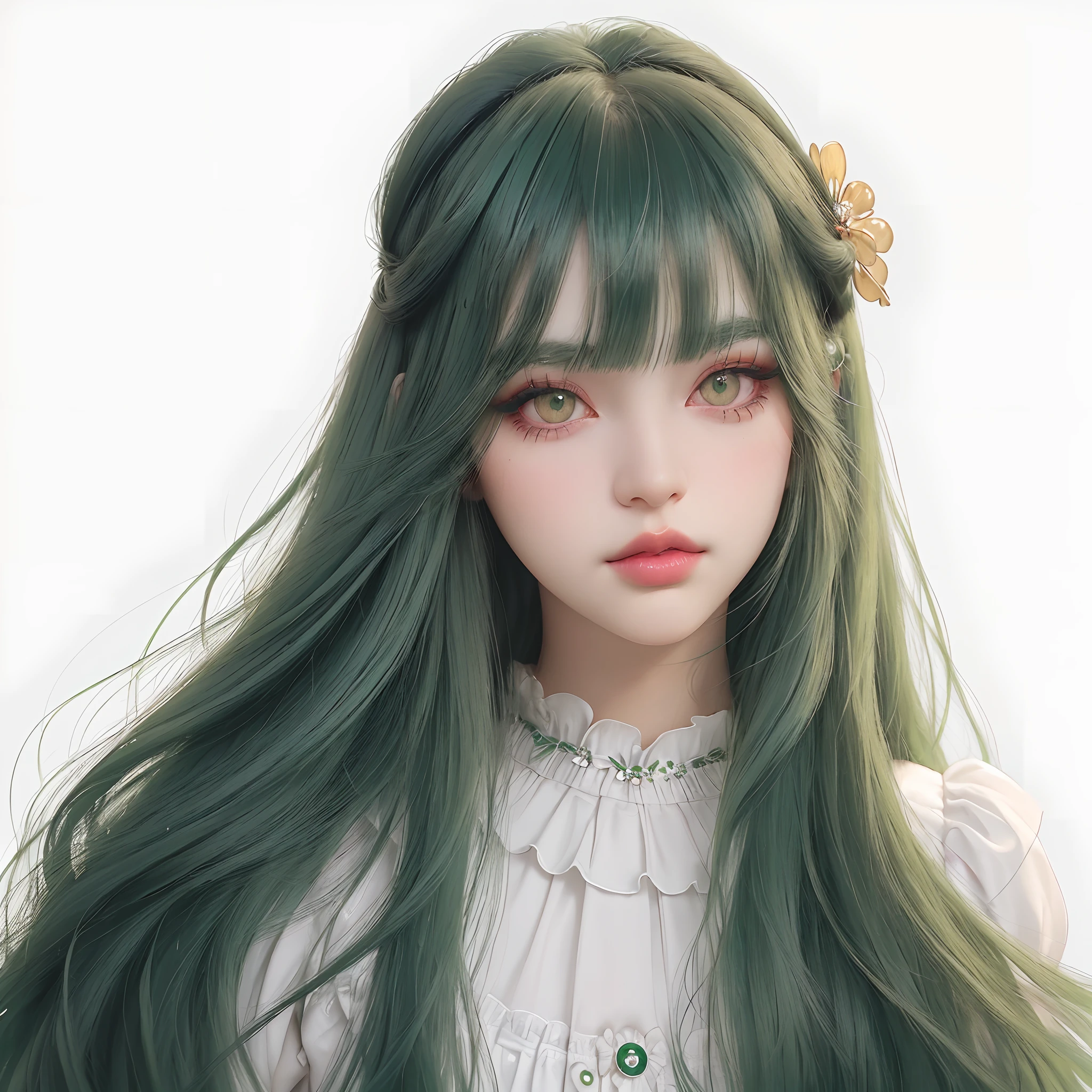 Girl, long green hair, black eyes, thick eyelashes, eye shadow, lip gloss, with hair accessories, neatly combed bangs, gaze straight at the viewer, makeup, colorful hair, portrait, simple background, alone, white background, smooth skin, masterpiece: 1.4, best quality: 1.4, realistic, fashion girl