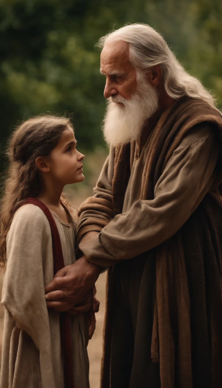 Old man talking with young daughter, Biblical characters from the New Testament of the Bible,