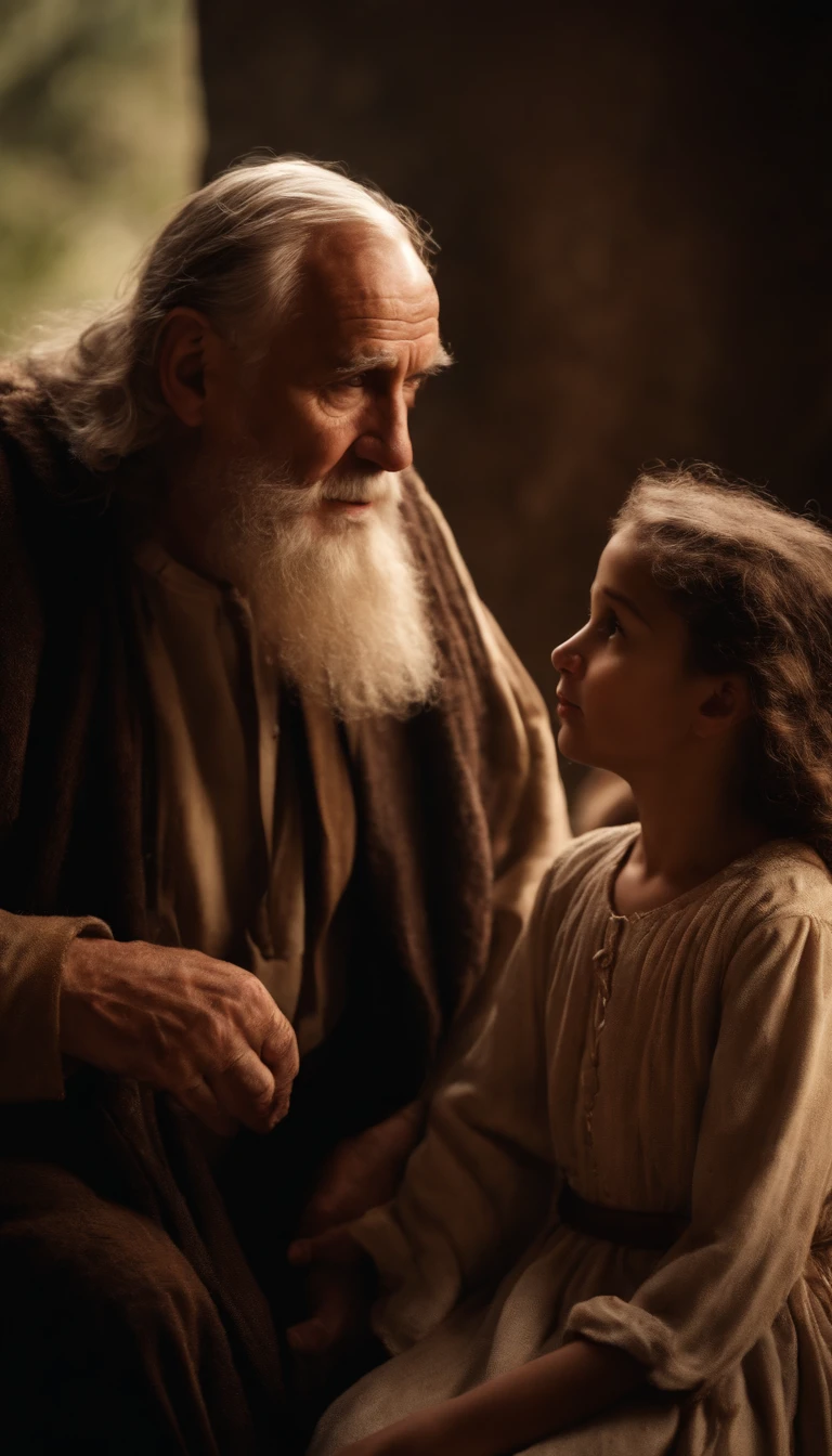 Portrait of Abraham saying goodbye to Ishmael, 7 year old girl, Land of Canaan, Ultra-realistic in 8K