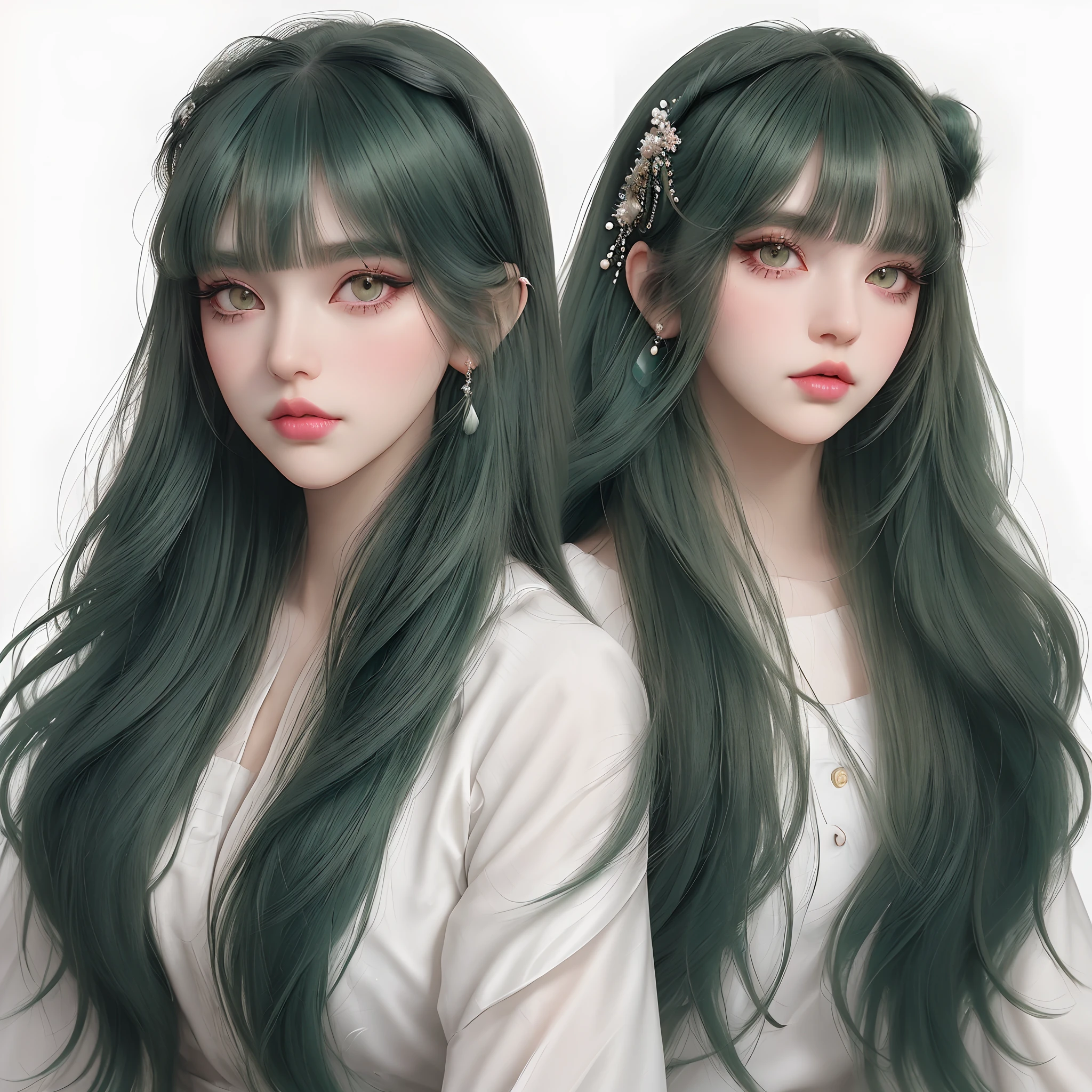 Girl, long green hair, black eyes, thick eyelashes, eye shadow, lip gloss, with hair accessories, neatly combed bangs, gaze straight at the viewer, makeup, colorful hair, portrait, simple background, alone, white background, smooth skin, masterpiece: 1.4, best quality: 1.4, realistic, fashion girl