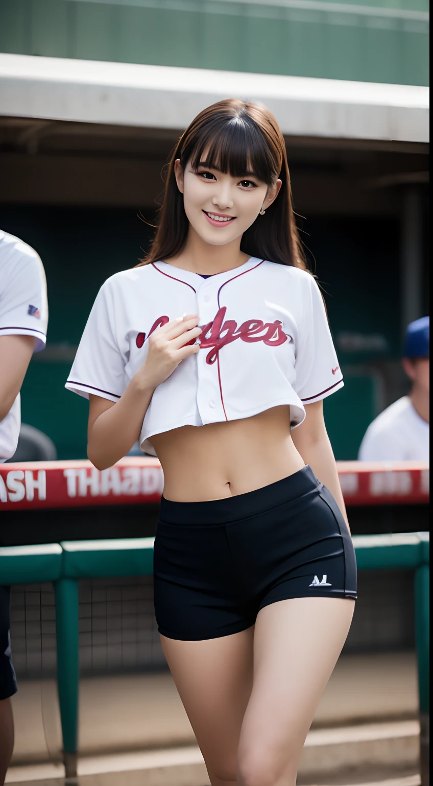 (top-quality、超A high resolution、masterpiece:1.3)、Tall and beautiful woman、longeyelashes, Medium hair with bangs, longeyelashes, Parted lips, surrealism, drop shadow, anaglyph, Verism, depth of fields, Backlighting, Expose F/1.2, Super Detail, ccurate, Best Quality, nffsw, masutepiece, Detailed moisturized eyes, Textured skin, wetted skin, Best Quality, in 8K, blurry backround, ((big breasts thin waist, skinny thigh:1.1, long legged)), (Colossal tits), Natural Color Lip, ssmile, Young woman in perfect style, Young woman in the stands at a baseball stadium, (Beer Girls/Beer Vendors), shortpants, Baseball Team Uniforms