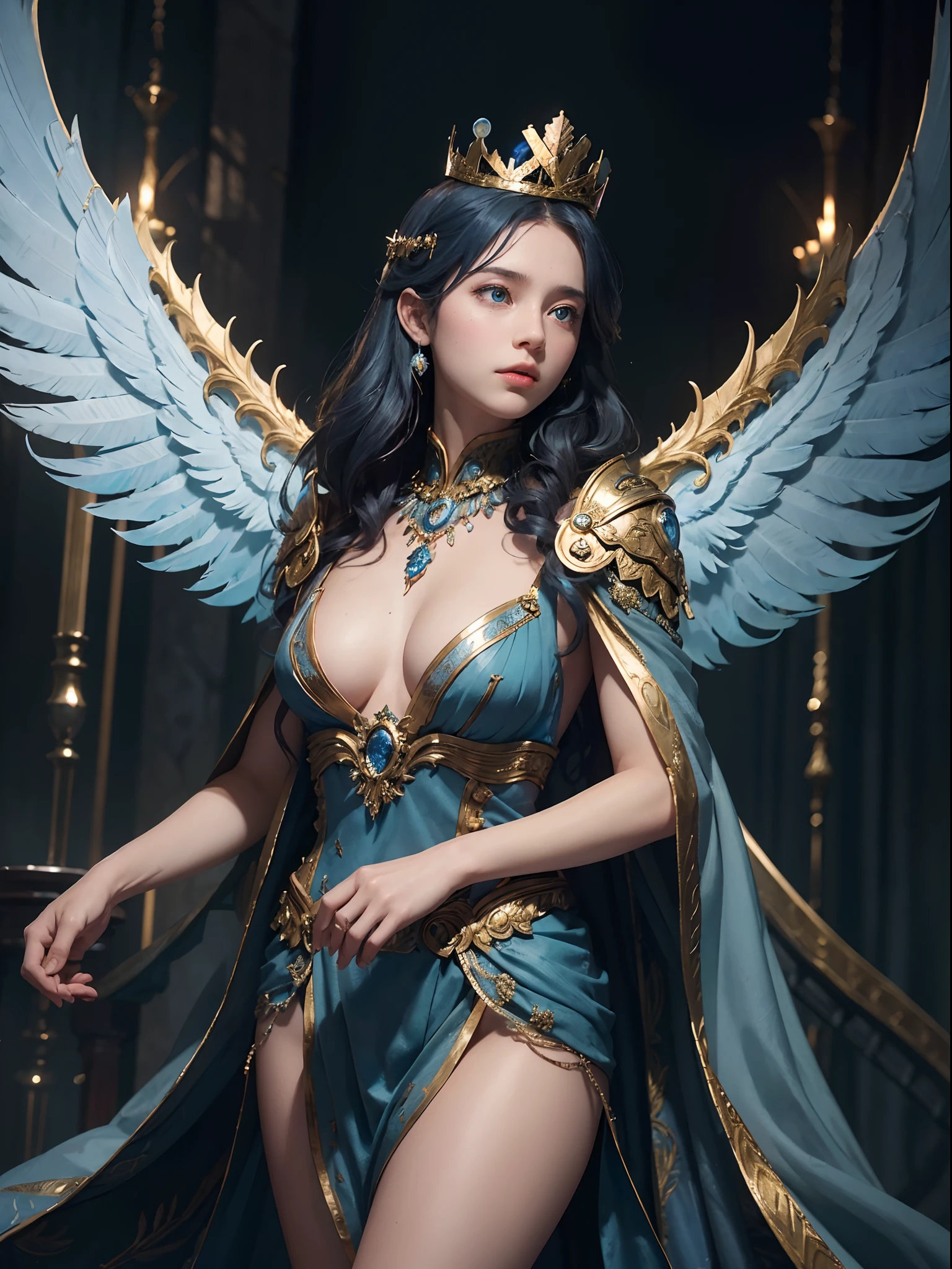 ((masterpiece)), 1(((boy))), ((best quality)), (ultra-detailed), ((extremely detailed cg)),((bright blue glowing eyes))) ((an extremely delicate)), (perfect lighting), ((8k)), (dynamic angle), (sharp image), (by Greg Rutkowski: 1.2), "Compose a poignant narrative set in a fantastical realm where a ((resilient boy)), cursed to endure millennia of solitude and sorrow, encounters her destined prince amidst the remnants of an ancient, enchanted kingdom. Describe the intricate emotions, the challenges they face from both the past and the present, the magical rituals they must perform to break th e curse, and the elaborate preparations for their wedding ceremony, complete with unique customs and mythical creatures attending the celebration. Bring to life the complexities of their love story, filled with bittersweet memories, newfound hope, and the intricate tapestry of their intertwined fates.", ((feather wings)), (((blue golden crown))),