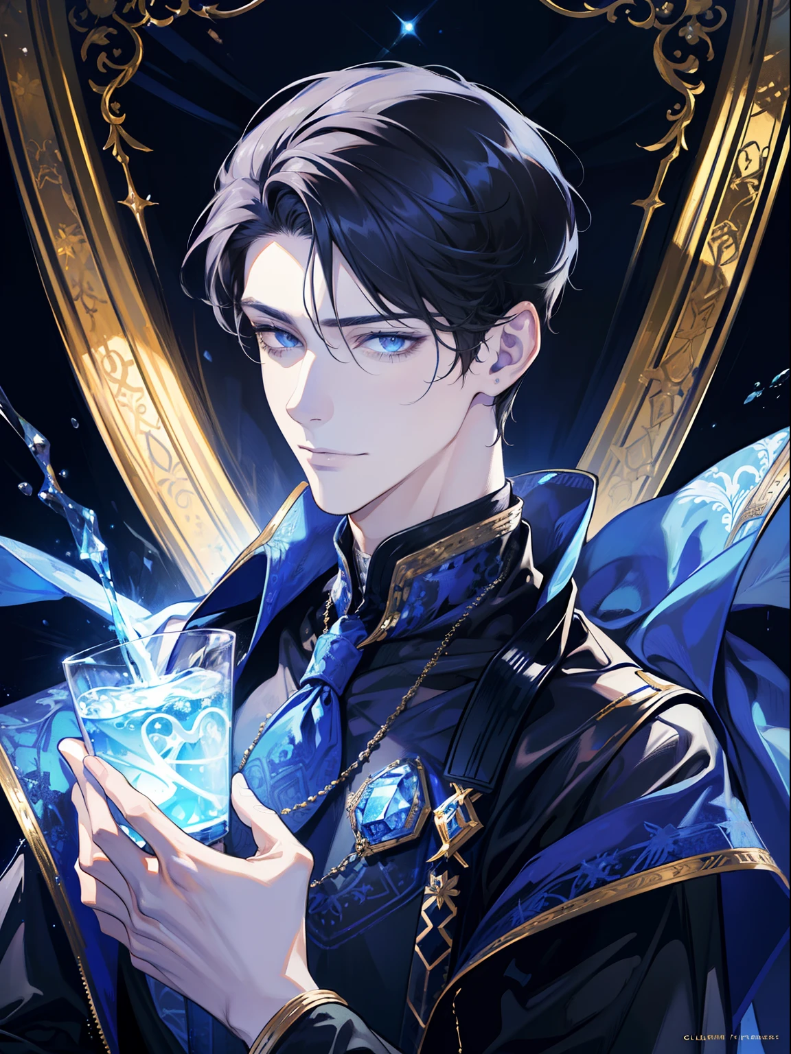 absurdres, highres, ultra detailed, HDR, master piece, best quality, extremely detailed, Yoite, black hair, expressive blue eyes, Nabari No Ou, solo, sexy man, handsome, black trench coat, white sweater, light brown beige cap, brown gloves, magical, fantasy, glittering, sparkling, glass, blue flowers, blue petals, water, blue moon