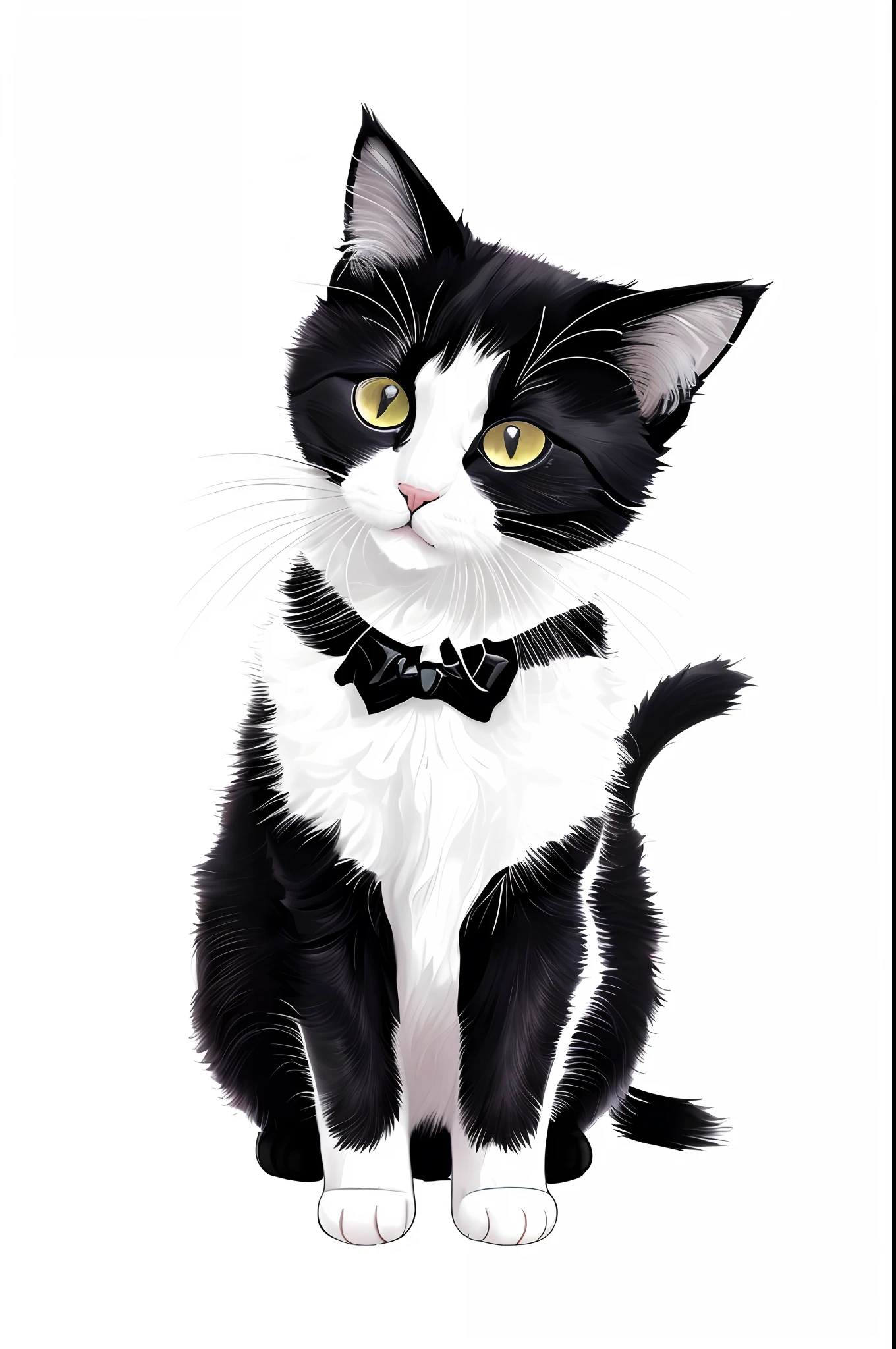There is a black and white cat on the ground, cat. Digital painting, lovely digital painting, A cute cat, Cute cat, realistic anime cat, adorable digital art, Cute kitten, Black and white cat, tuxedo cat, anime visual of a cute cat, illustration of a cat, a cute little cat, portrait of a kitten, Cute detailed digital art, Kawaii cat