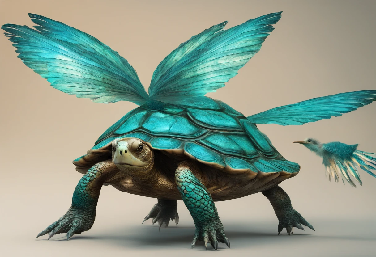 Yarothis is a Dream Creature, Like a turtle, possesses a shell composed of plate-like scutes, Like a bird four appendages are wings made of turquoise and white feathers, and its head has a bird-like beak, masterpiece, best quality