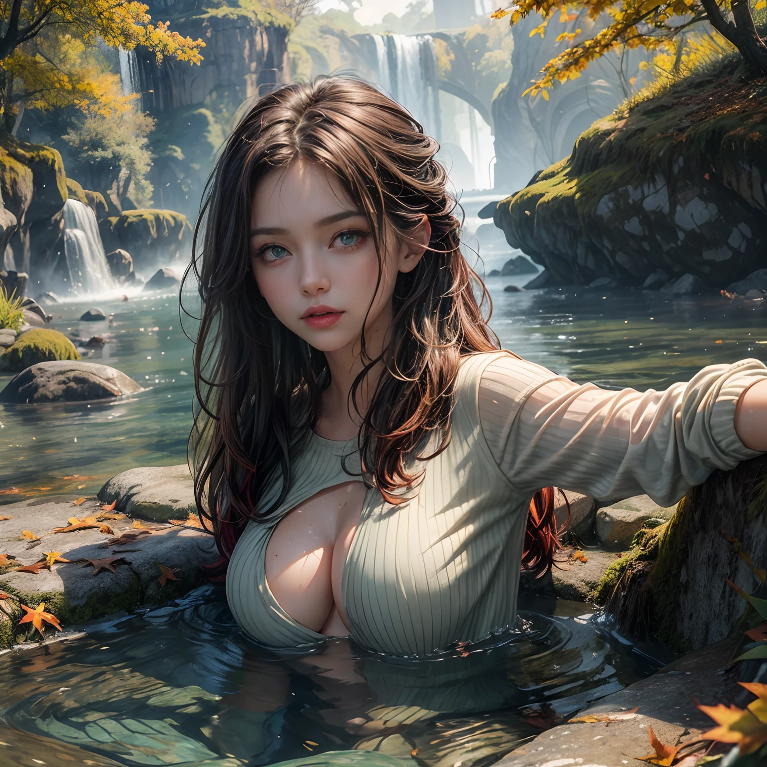masterpiece, best quality, autumn outfit, colorful hair, outdoor,upper body, colorful autumnal clothes, ((fully clothed)), warm clothes, wet clothes, soaked, drenched, excited, wet hair, wet and slimy, water up to her chest, submerged, translucent, fantasy environment, fantastical, vivid colors, varied poses, detailed green eyes,