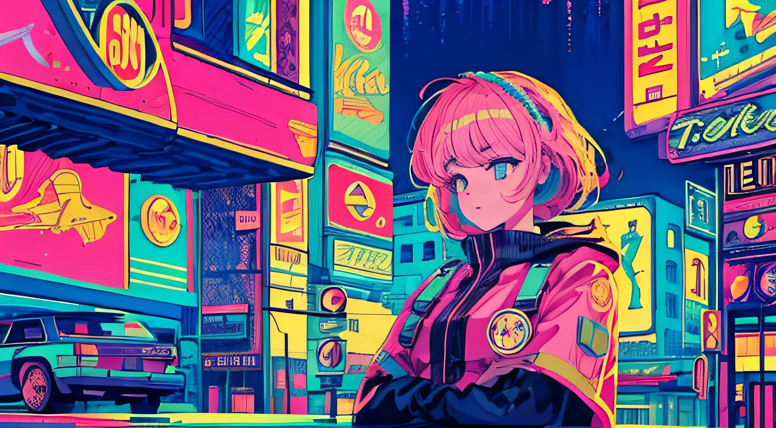 best quality, 4K wallpaper, masterpiece, extremely detailed CG unity 8k wallpaper, extremely detailed eyes, ultra-detailed, intricate details, 1girl, retro art style, neon_pop art style, public, outdoors, road sign, city, people