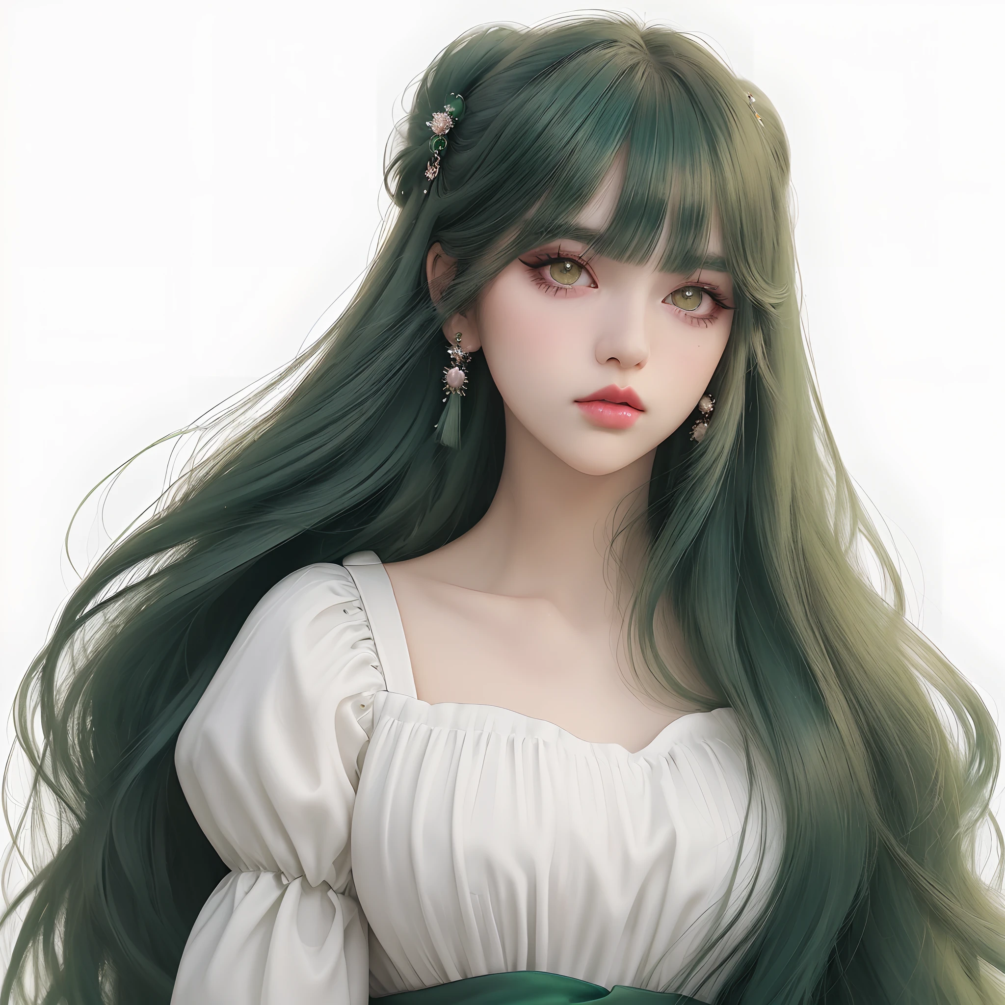 Girl, long green hair, black eyes, thick eyelashes, eye shadow, lip gloss, with hair accessories, neatly combed bangs, gaze straight at the viewer, makeup, colorful hair, portrait, simple background, alone, white background, smooth skin, masterpiece: 1.4, best quality: 1.4, realistic, fashion girl