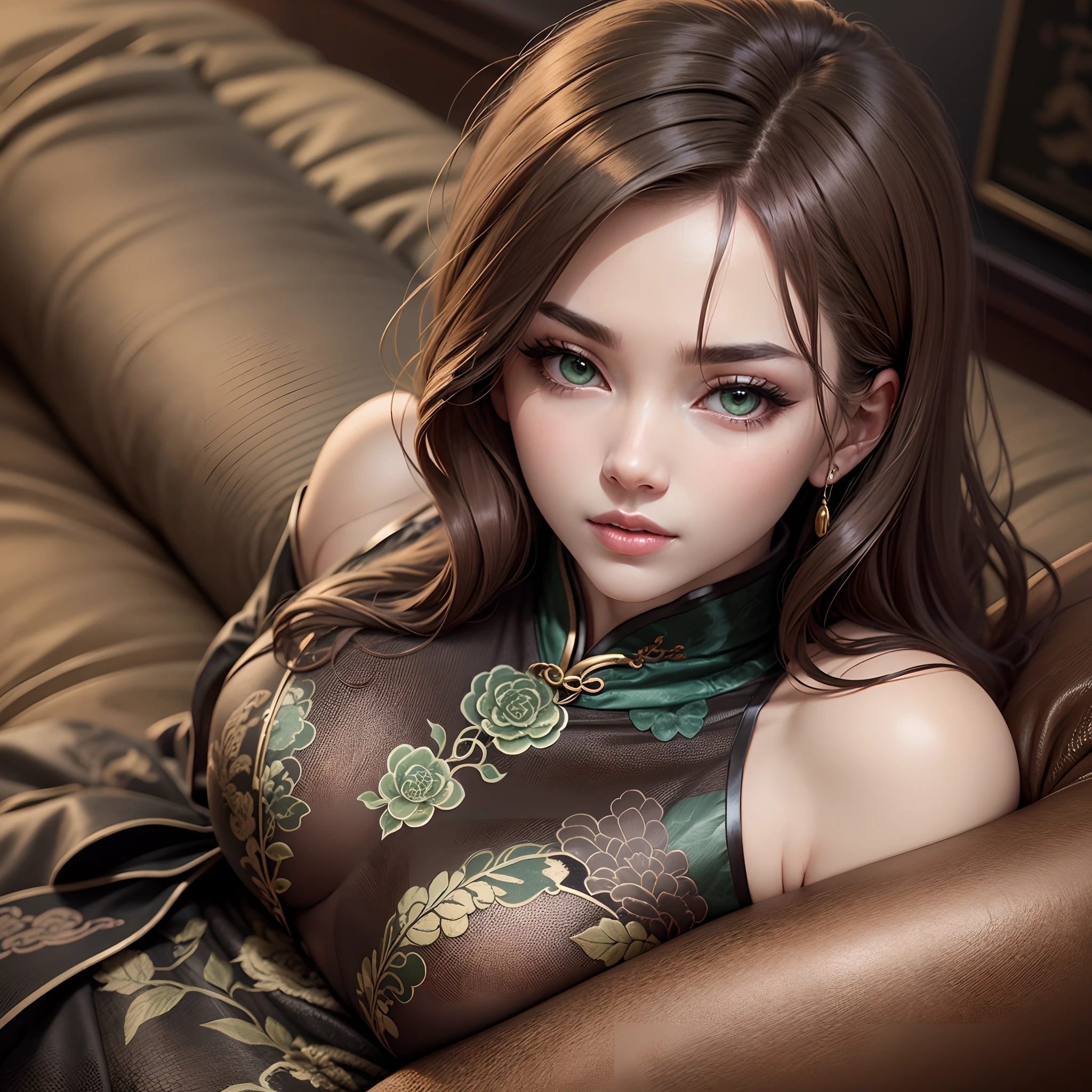charming 1woman wearing a qipao, laying on a leather sofa, brown hair, Green Grey eyes, midel breasts, full body, fine details, attention to detail, masterpiece, detailed face, beauty, dark aesthetic shadow play, 8k, film grain, ultra realistic --auto --s2