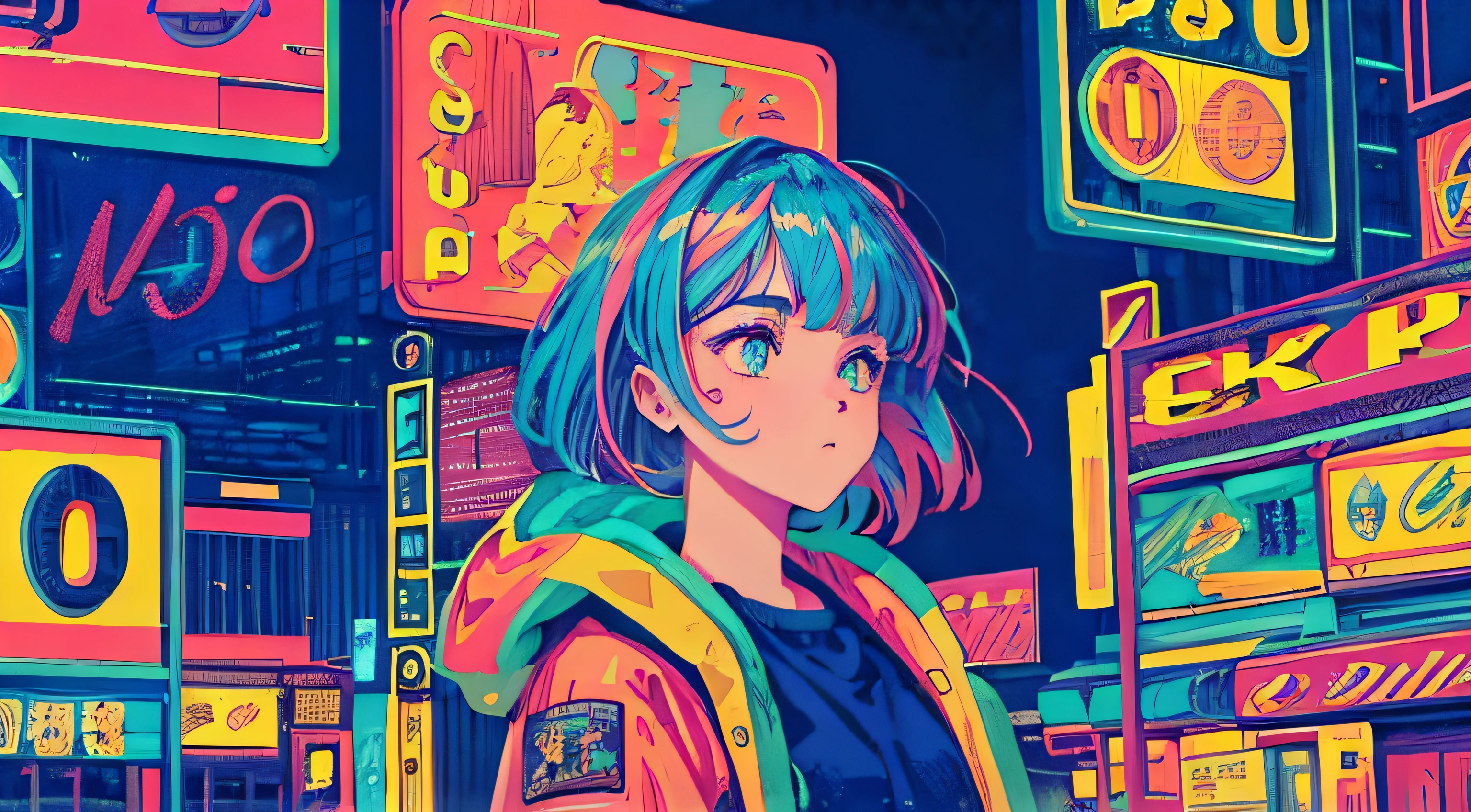 best quality, 4K wallpaper, masterpiece, extremely detailed CG unity 8k wallpaper, extremely detailed eyes, ultra-detailed, intricate details, 1girl, retro art style, neon_pop art style, public, outdoors, road sign, city, people