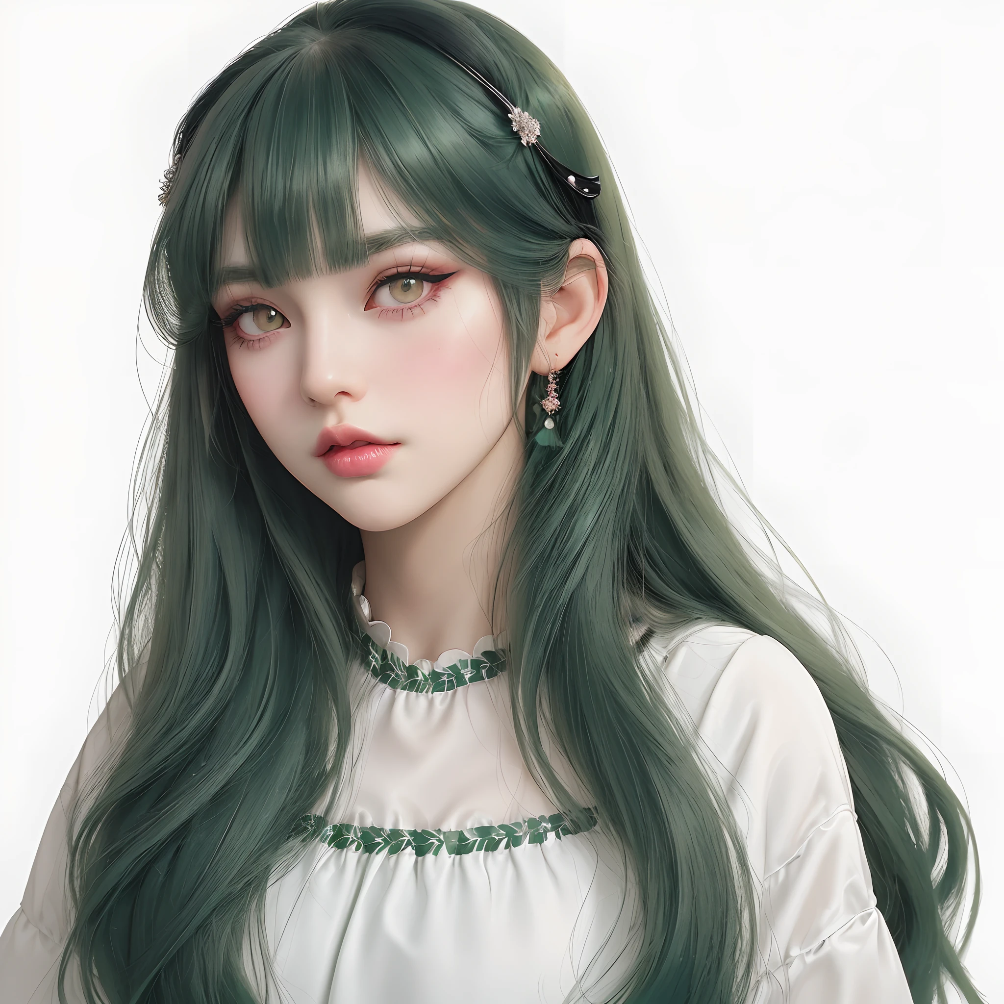 Girl, long green hair, black eyes, thick eyelashes, eye shadow, lip gloss, with hair accessories, neatly combed bangs, gaze straight at the viewer, makeup, colorful hair, portrait, simple background, alone, white background, smooth skin, masterpiece: 1.4, best quality: 1.4, realistic, fashion girl