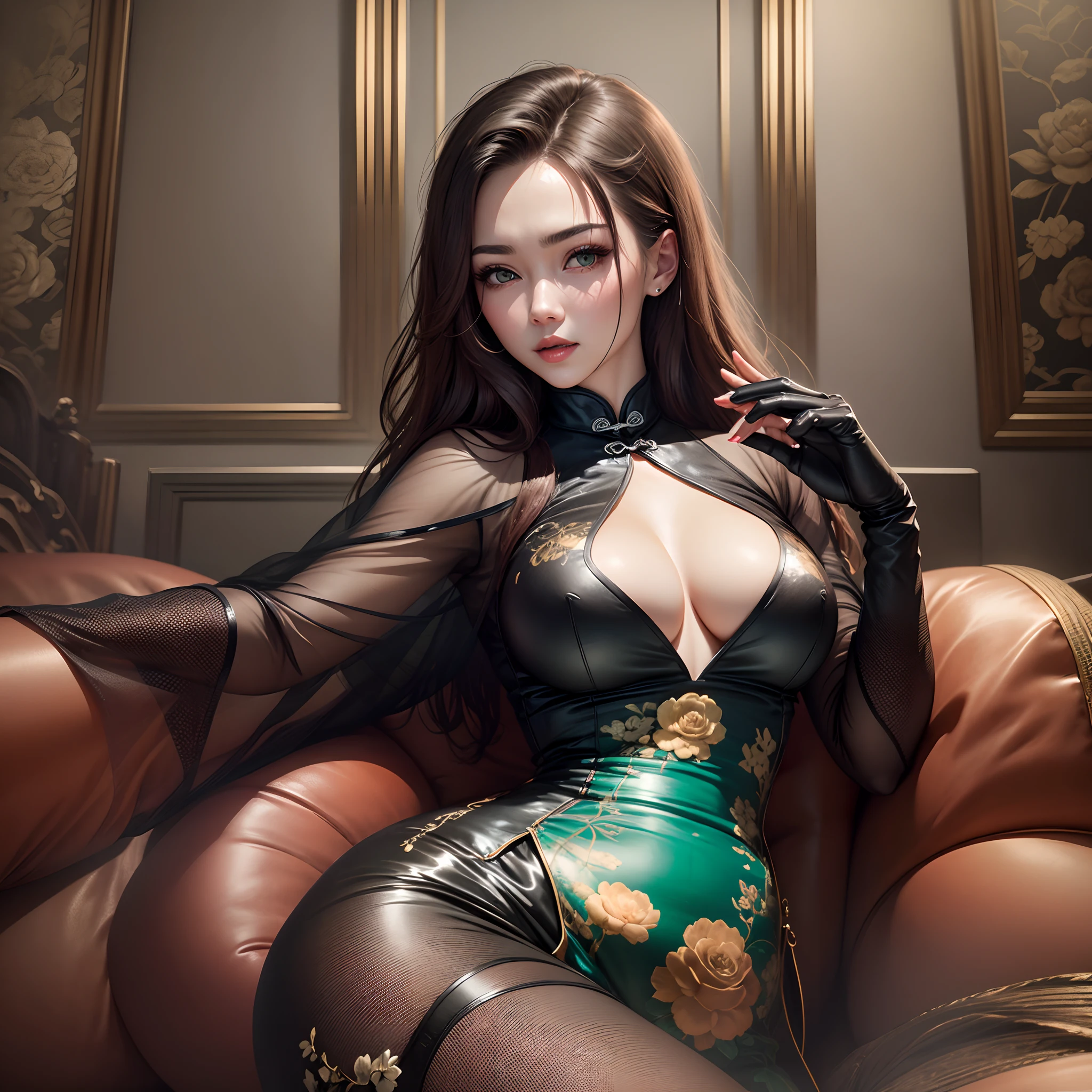 charming 1woman wearing a qipao, laying on a leather sofa, brown hair, Green Grey eyes, midel breasts, full body, fine details, attention to detail, masterpiece, detailed face, beauty, dark aesthetic shadow play, 8k, film grain, ultra realistic --auto --s2