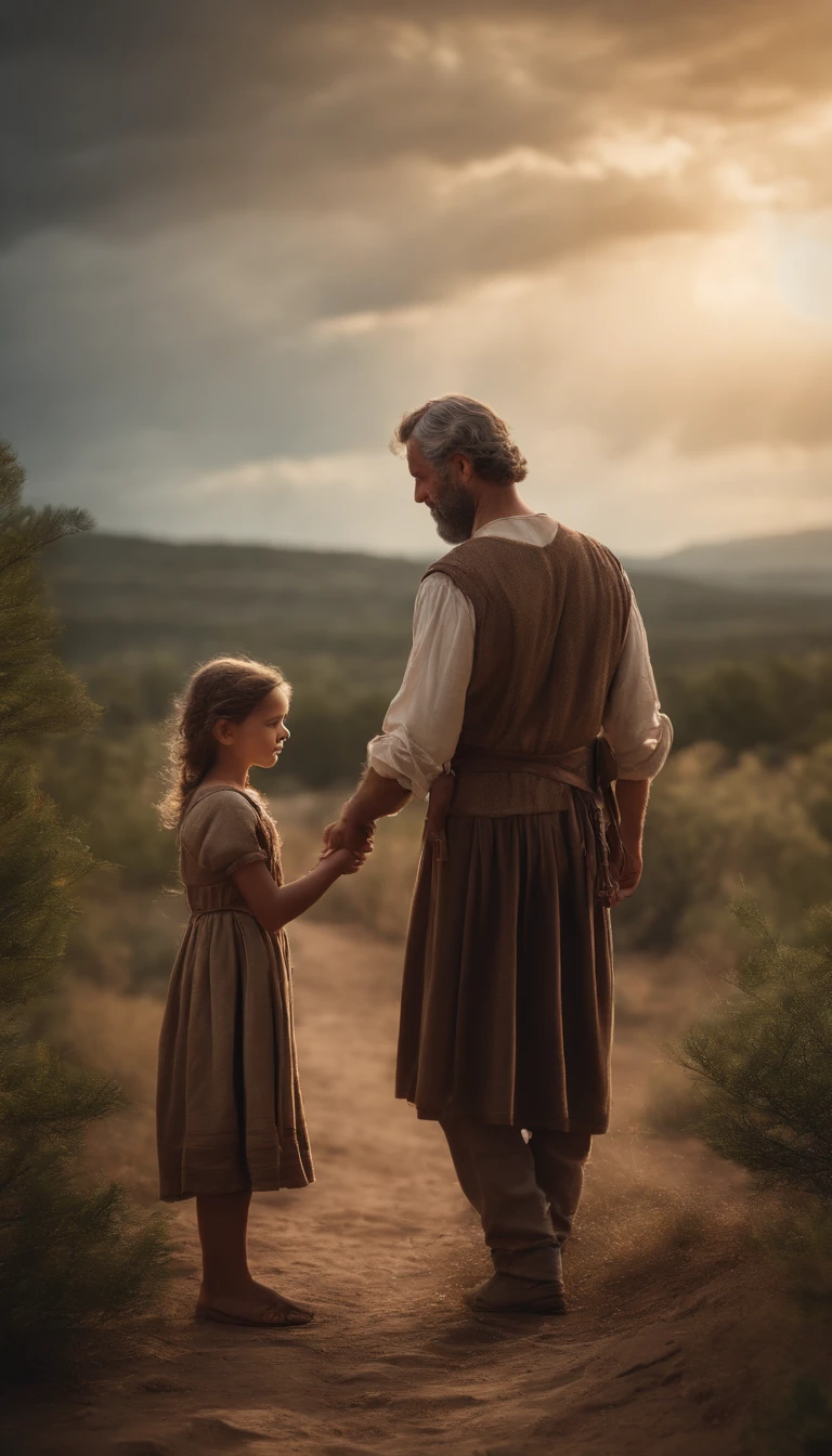 A picture of Abraham bidding farewell to Ishmael, 7 year old girl, Land of Canaan, Ultra realistic 8K resolution