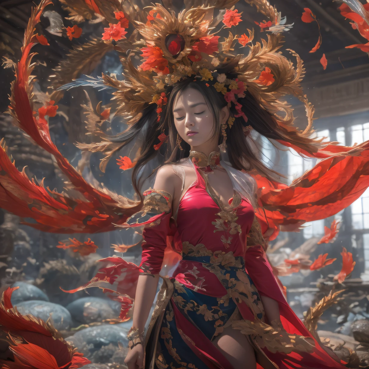 Full body 32K(tmasterpiece,k hd,hyper HD,32K)Eat with gusto,(abstract ink splash:1.2)Flowing rouge,ponds,zydink, a color, Asian people (faeries), (long leges), Combat posture, looking at the ground, Burgundy complexion, Flowing rouge curls,Red onyx emerald emerald headdress, Chinese long-sleeved black gold garment, (abstract ink splash:1.2), Pink lotus background,Water lily flower protector(realisticlying:1.4),Rouge hair,Autumn is in full swing,The background is pure, A high resolution, the detail, RAW photogr, Sharp Re, Nikon D850 Film Stock Photo by Jefferies Lee 4 Kodak Portra 400 Camera F1.6 shots, Rich colors, ultra-realistic vivid textures, Dramatic lighting, Unreal Engine Art Station Trend, cinestir 800,Large curls,Flowing rouge,Best quality,, GBFthalatha, cheerfulness, Closed eyes