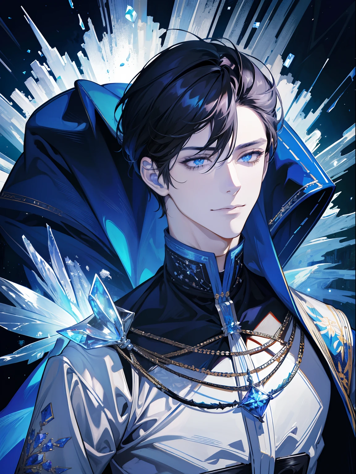 (absurdres, highres, ultra detailed), 1 male, adult, handsome, tall muscular guy, broad shoulders, finely detailed eyes, dark color hair, fantasy, complex pattern, detailed face, throne, magic effect, best ratio four finger and one thumb, ice, bitter cold, cold snap, smile, (dutch angle), closed mouth