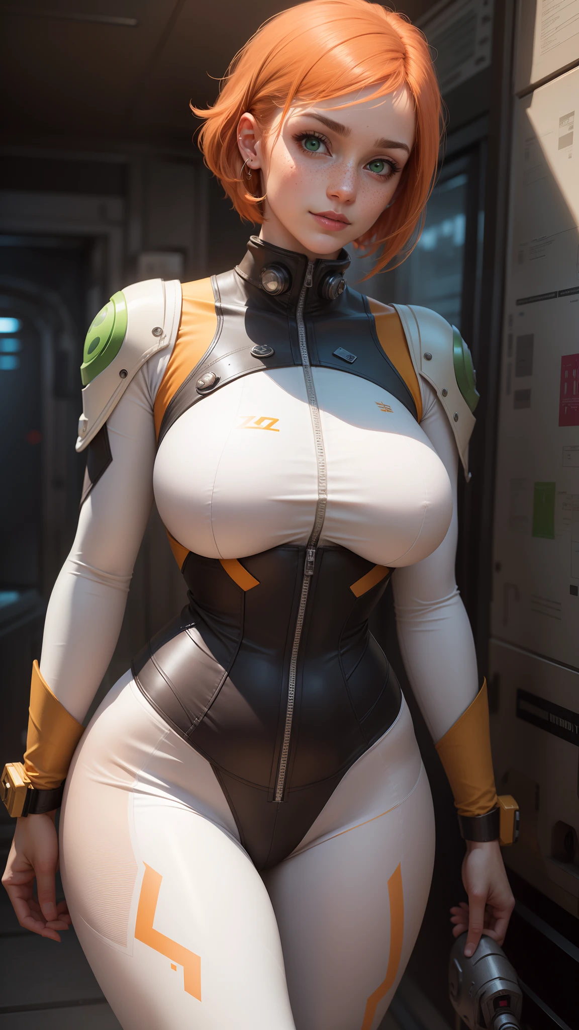 gwen tennyson,tracer,samus,rebecca chambers,overwatch,gundam,1girl,close up,mecha pilot,space port,mecha space suit,space marine,pirate corset, white long sleeve lycra top,white leggings,short hair,war makeup,green eyes,orange hair,silver hair highlights,shy smile,freckles,redhead,beautiful girl,large breasts,ultra detailed,realistic,fantasy art,