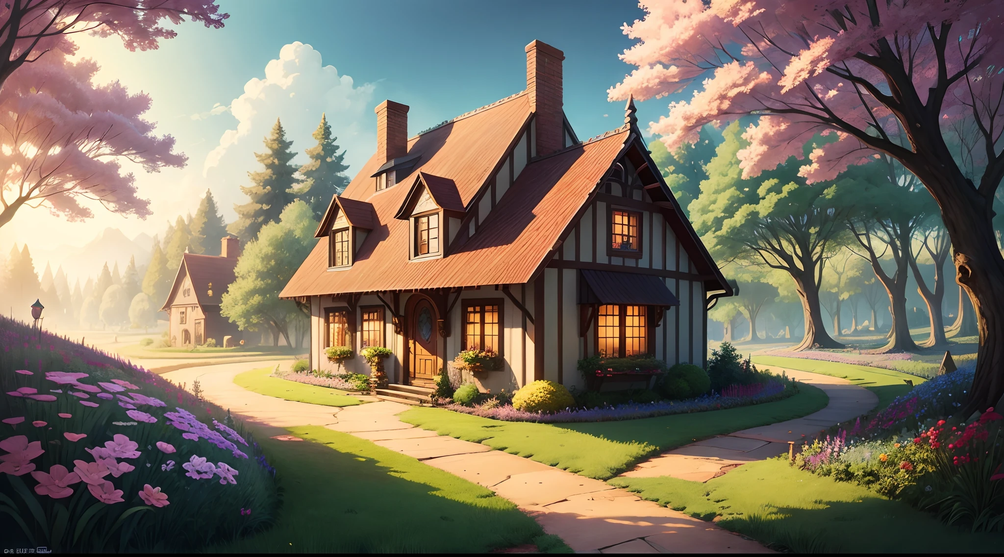 Cartoon fairy magical world , magic , house , road , grass , beautiful house in cartoon , bright lighting